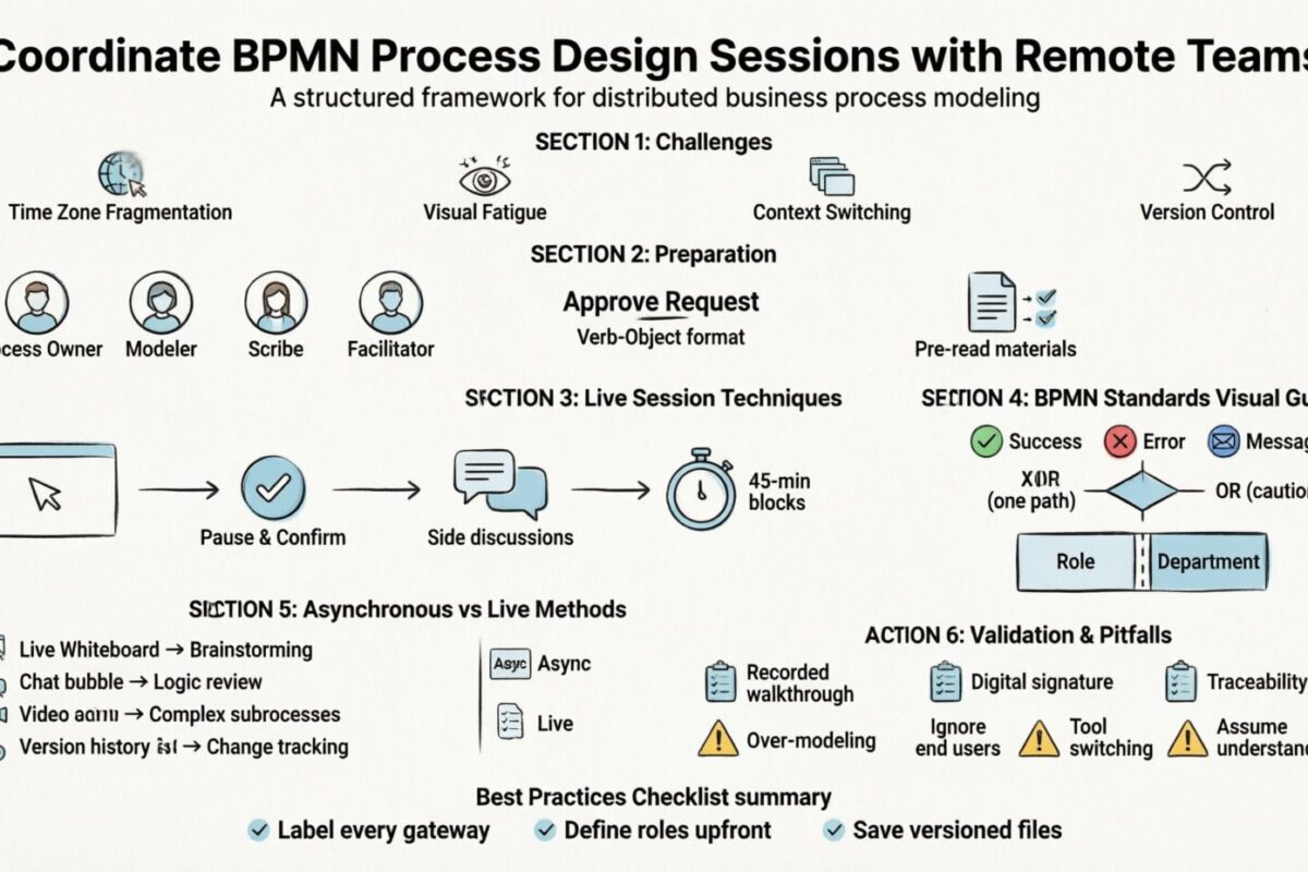 दूरस्थ और वितरित टीमों के साथ BPMN प्रक्रिया डिजाइन सत्रों का समन्वय करें