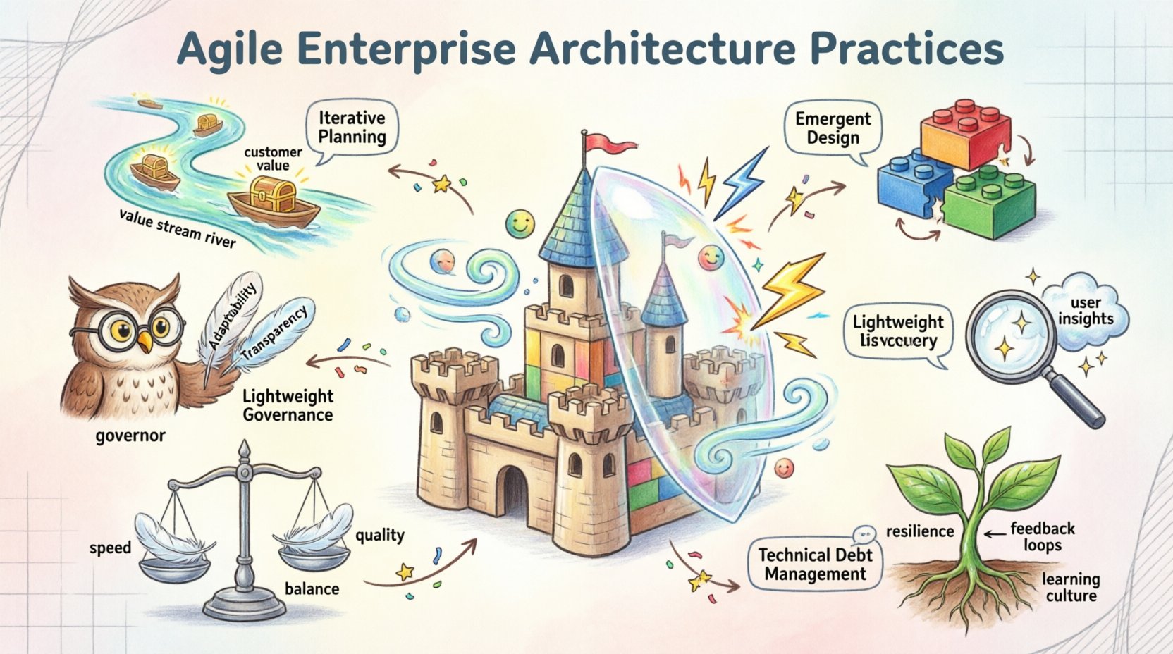 Whimsical infographic illustrating Agile Enterprise Architecture practices for responding to market disruption, featuring a modular castle design, value stream flows, lightweight governance icons, continuous discovery elements, and resilience-building strategies in a playful cartoon style with 16:9 aspect ratio