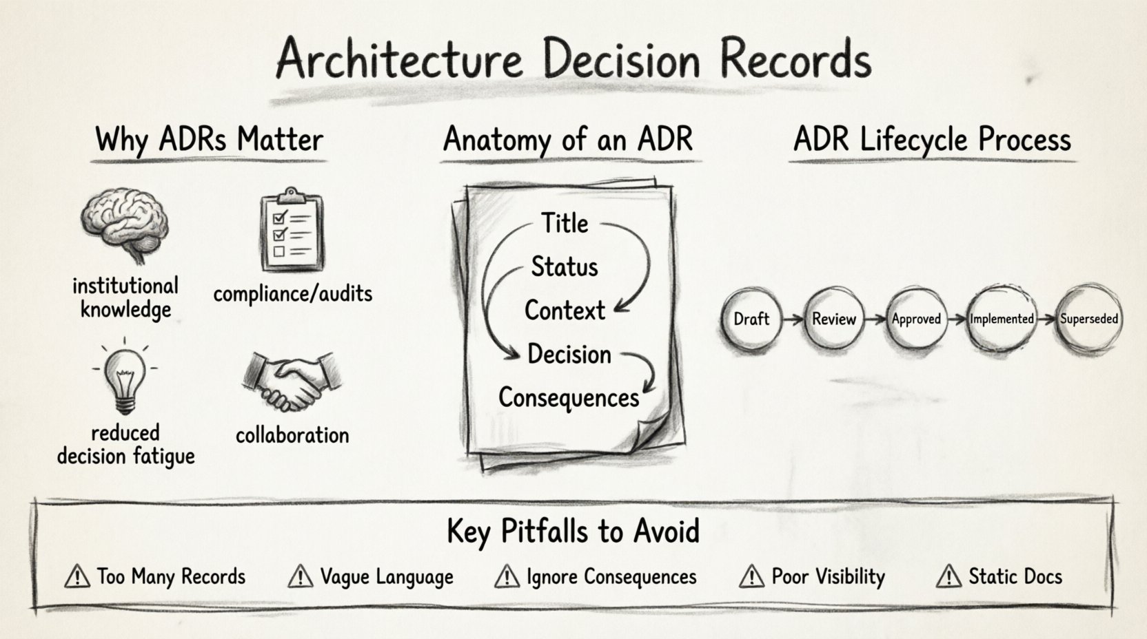Charcoal sketch infographic illustrating Architecture Decision Records (ADRs) best practices: displays core ADR components (title, status, context, decision, consequences), five-step lifecycle workflow from draft to superseded, key benefits including knowledge preservation and compliance support, and common pitfalls to avoid for transparent enterprise technology decision-making