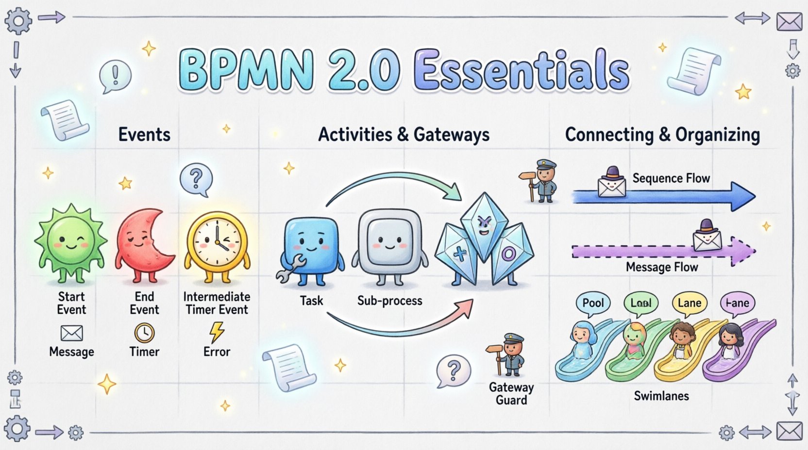 Whimsical infographic illustrating BPMN 2.0 fundamentals: circular Events (Start, End, Intermediate), rectangular Activities (Tasks, Sub-processes), diamond Gateways (Exclusive XOR, Parallel AND, Inclusive OR), solid Sequence Flow and dashed Message Flow arrows, plus organized Pools and Lanes swimlanes. Playful cartoon style with pastel colors, friendly character icons, and clear English labels for business process modeling beginners.