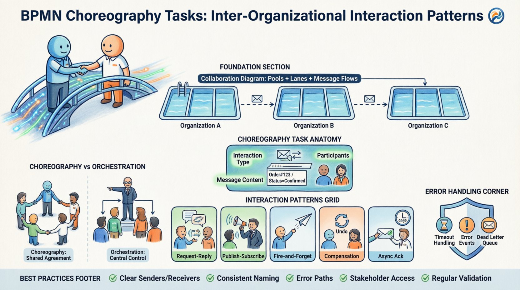 Cartoon infographic illustrating BPMN 2.0 Choreography Tasks for inter-organizational business processes, showing collaboration diagrams with pools and message flows, five interaction patterns (Request-Reply, Publish-Subscribe, Fire-and-Forget, Compensation, Async Ack), error handling strategies, choreography vs orchestration comparison, and best practices checklist