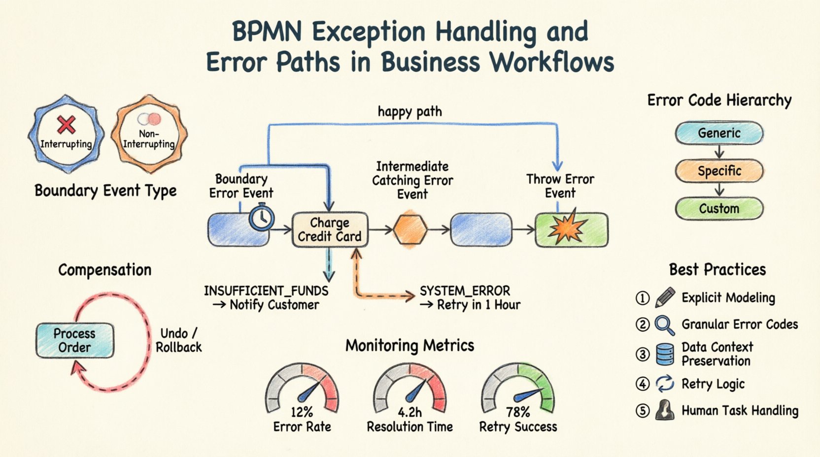 Marker-style infographic illustrating BPMN 2.0 exception handling and error path modeling in business workflows, featuring visual diagrams of boundary error events, intermediate catching events, and throw events; a payment gateway scenario with conditional error branching logic; comparison of interrupting vs non-interrupting handlers; compensation rollback strategies; error code hierarchy; and a best practices checklist for building resilient, production-ready process architecture