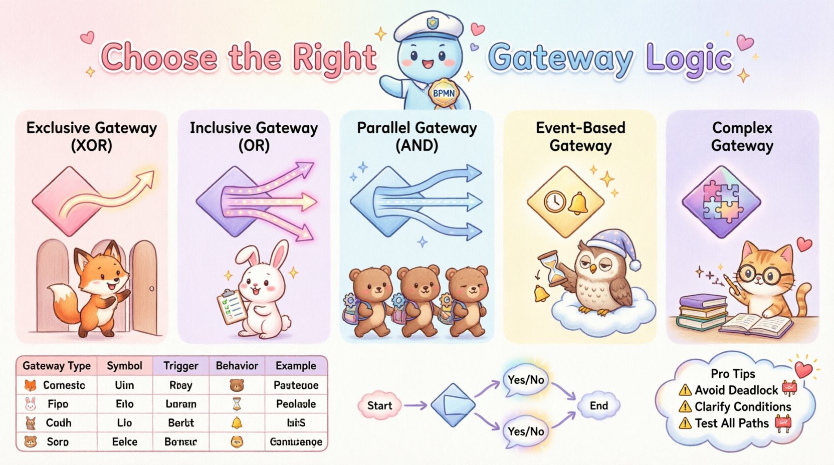 Kawaii-style infographic explaining BPMN gateway types for workflow decision points: Exclusive XOR one-path decisions, Inclusive OR multi-path options, Parallel AND synchronization, Event-Based triggers, and Complex boolean logic, featuring cute characters, comparison table, decision matrix, and best practices for business process modeling