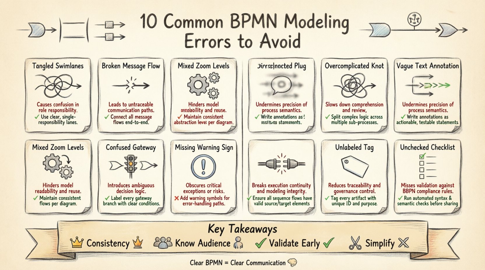 Hand-drawn infographic illustrating 10 common BPMN modeling errors that confuse stakeholders: overcomplicated swimlanes, incorrect message flows, mixed sub-process granularity, gateway logic mistakes, missing exception handling, ambiguous labels, unnecessary complex patterns, ignored integration errors, poor event naming, and skipped validation. Each error shows a sketched icon, brief impact statement, and quick correction tip. Bottom section highlights key takeaways: maintain consistency, know your audience, validate early, and simplify diagrams. Visual style features warm parchment background with ink-style illustrations, color-coded error/fix indicators, and doodle arrows connecting concepts for clear BPMN communication.