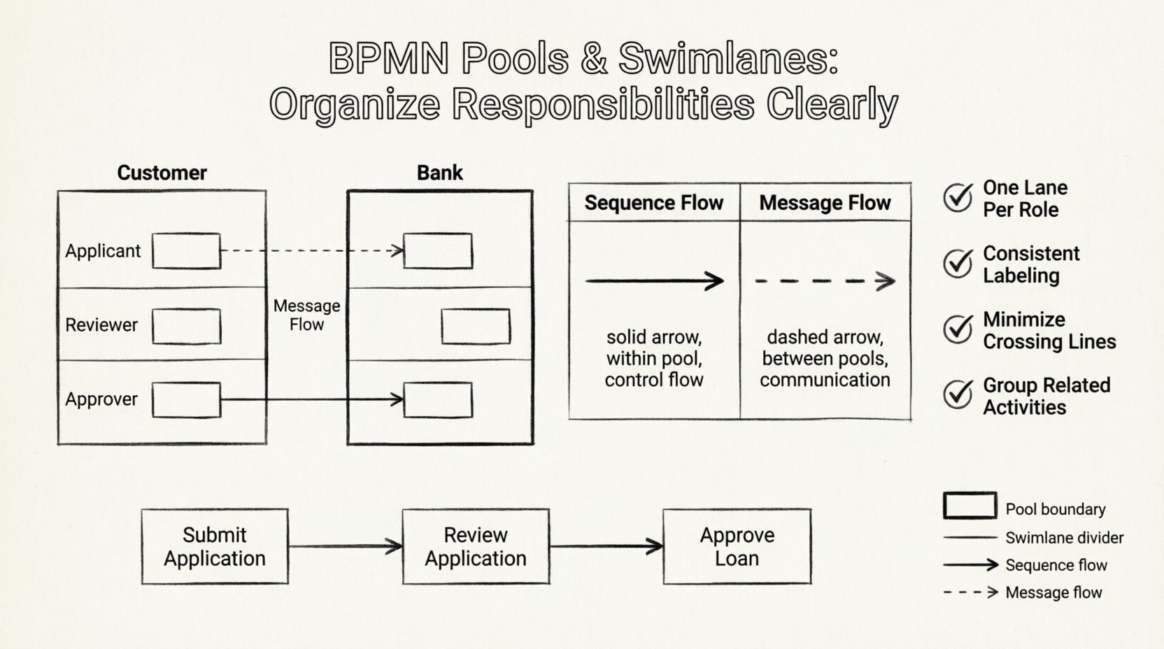 Line art infographic illustrating BPMN pools and swimlanes for business process modeling, showing pool boundaries separating participants like Customer and Bank, swimlane subdivisions for roles, solid sequence flow arrows for internal task order, dashed message flow arrows for cross-pool communication, plus best practices checklist for organizing process responsibilities clearly