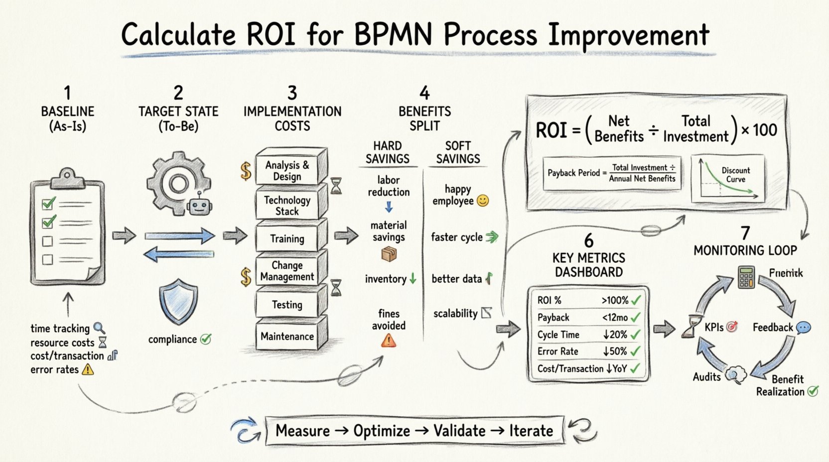 Sketch-style infographic illustrating the complete framework for calculating Return on Investment (ROI) in BPMN process improvement initiatives, featuring seven connected sections: As-Is baseline assessment with time tracking and error metrics, To-Be target state with automation and parallel processing, implementation cost breakdown, hard vs soft benefits comparison, central ROI formula with payback period and NPV concepts, key performance metrics dashboard with targets, and post-implementation monitoring loop with KPIs and feedback cycles