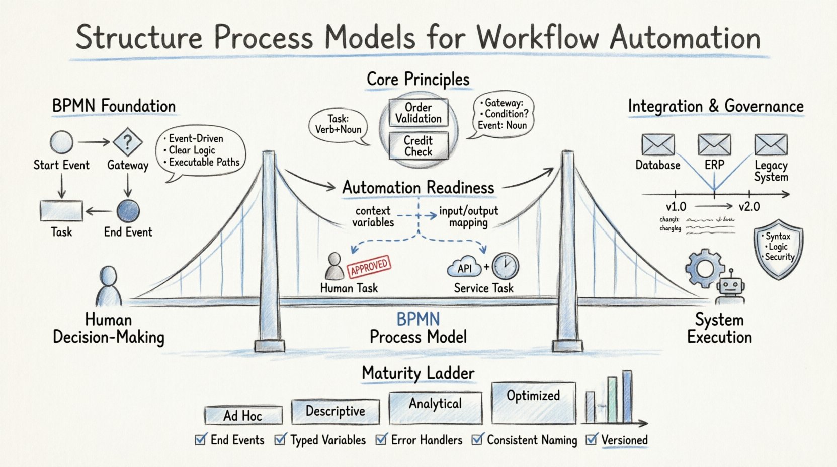 Sketch-style infographic illustrating how to structure BPMN process models for workflow automation, featuring BPMN elements (events, gateways, tasks), modular design patterns, naming conventions, data flow integration, human-system handoffs, governance versioning, maturity levels ladder, and implementation checklist for scalable automation-ready process architecture