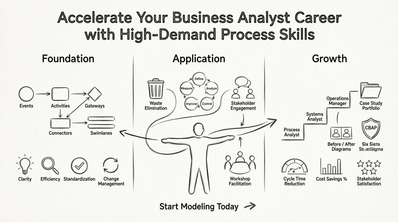 Line art infographic in 16:9 format illustrating how Business Analysts accelerate their careers by mastering BPMN process modeling skills, featuring core BPMN components (events, activities, gateways, connectors, pools/lanes), key benefits (clarity, efficiency, standardization, change management), advanced techniques (sub-processes, exception handling), process improvement methodologies (Lean, Six Sigma DMAIC), communication strategies, career pathways (Process Analyst, Systems Analyst, Operations Manager, Change Manager), portfolio building tips, relevant certifications (CBAP, CAPM, Six Sigma), common pitfalls to avoid, and success metrics (cycle time, cost reduction, error rates) presented in clean minimalist monochrome line art style