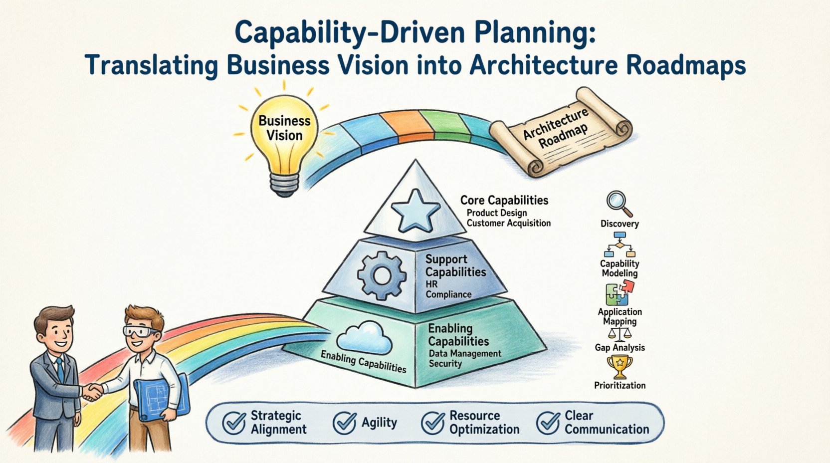 Cartoon infographic illustrating capability-driven planning framework: business vision connected via colorful bridge to architecture roadmap, three-tier capability pyramid showing Core, Support, and Enabling capabilities, five-step workflow process (Discovery, Capability Modeling, Application Mapping, Gap Analysis, Prioritization), and four key benefits badges for strategic alignment, agility, resource optimization, and clear communication