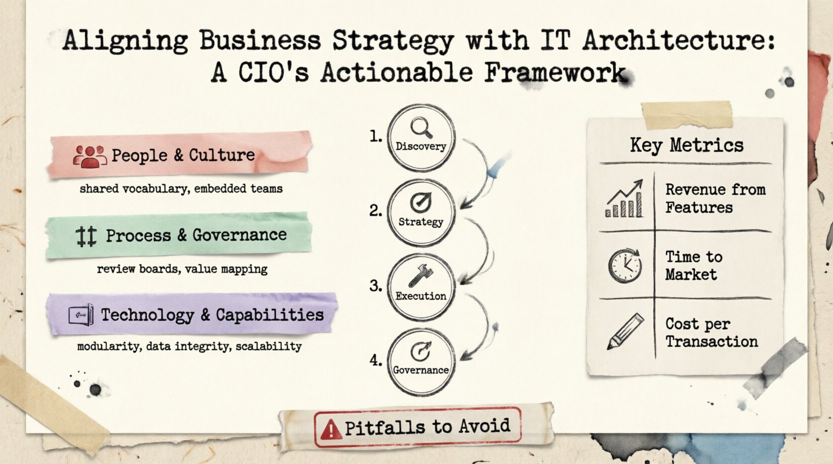 Infographic illustrating a CIO's actionable framework for aligning business strategy with IT architecture, featuring three pillars (People & Culture, Process & Governance, Technology & Capabilities), a four-phase implementation cycle (Discovery, Strategy Formulation, Execution, Governance), and key success metrics, designed in a decorative stamp and washi tape craft style with layered paper textures and hand-stamped icons