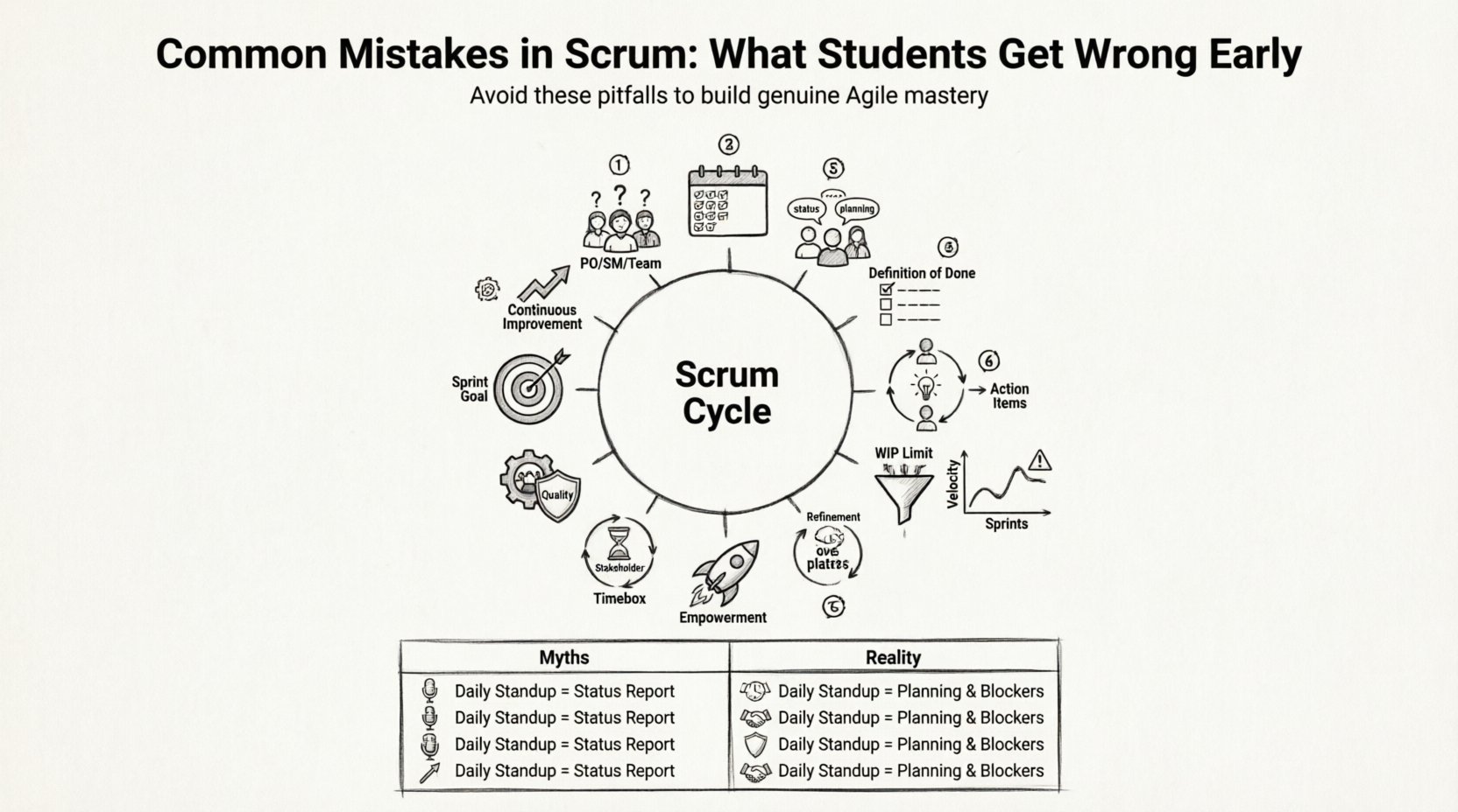 Line art infographic illustrating 15 common Scrum mistakes students make early in Agile learning, including role confusion, sprint planning errors, Daily Scrum misinterpretations, Definition of Done neglect, ineffective retrospectives, WIP limit violations, velocity misuse, backlog grooming gaps, stakeholder management oversights, timeboxing misunderstandings, technical excellence neglect, lack of empowerment, Sprint Goal oversight, continuous improvement neglect, and tool dependency. Features a central Scrum cycle diagram with numbered icons, myths vs reality comparison table, and clean minimalist design for educational use.