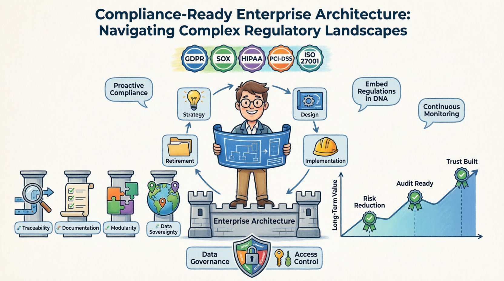 Cartoon-style 16:9 infographic summarizing Compliance-Ready Enterprise Architecture: features regulatory framework badges (GDPR, SOX, HIPAA, PCI-DSS, ISO 27001), four foundational pillars (traceability, documentation, modularity, data sovereignty), EA lifecycle workflow, data governance shield with encryption and access controls, and long-term value benefits. Friendly architect character illustrates proactive compliance integration into technology design for audit readiness and risk mitigation.