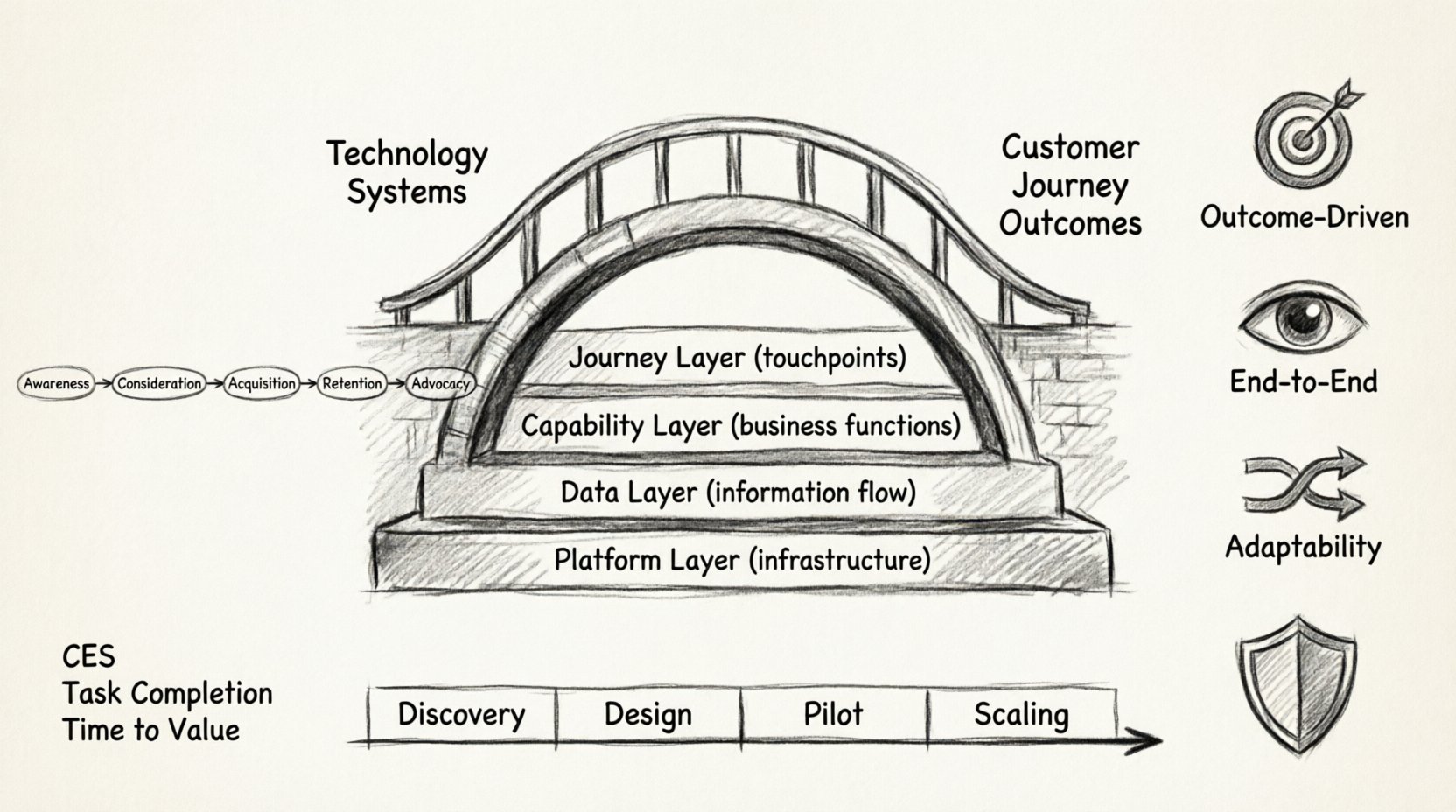 Charcoal sketch infographic of Customer Experience Architecture framework showing four-layer model (Journey, Capability, Data, Platform layers), customer journey stages from awareness to advocacy, implementation roadmap phases, and key principles for aligning enterprise technology to customer journey outcomes