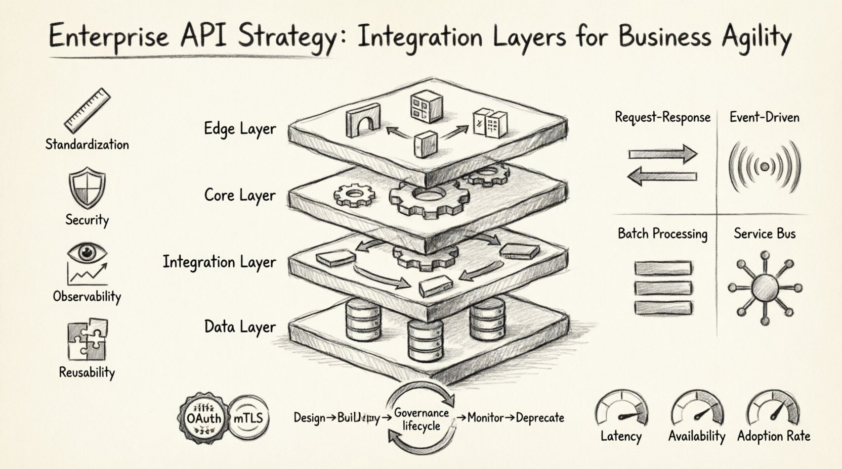 Charcoal contour sketch infographic summarizing Enterprise API Strategy: four-layer architecture (Edge, Core, Integration, Data), key pillars (Standardization, Security, Observability, Reusability), integration patterns comparison (Request-Response, Event-Driven, Batch, Service Bus), OAuth/mTLS security protocols, API governance lifecycle, and technical/business KPIs for achieving business agility