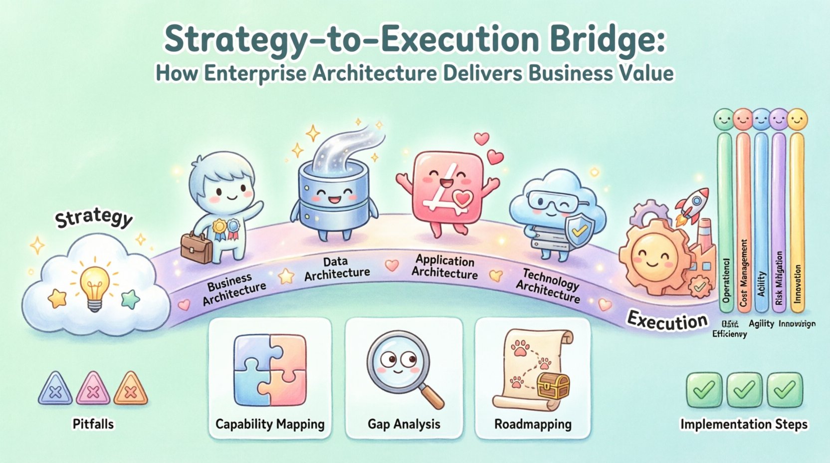 Kawaii-style infographic illustrating how Enterprise Architecture bridges business strategy to execution, featuring four core layers (Business, Data, Application, Technology), alignment mechanisms like capability mapping and roadmapping, value measurement metrics, and key implementation steps in a cute pastel design with chibi icons and sparkles