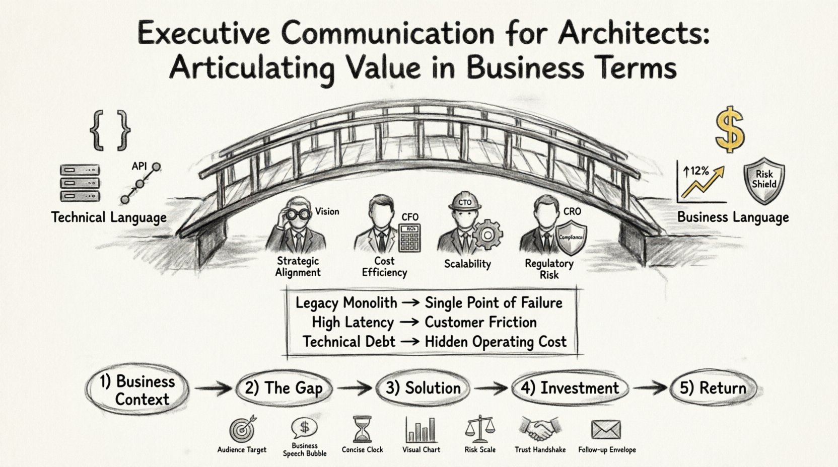 Charcoal contour sketch infographic illustrating how enterprise architects articulate technical value in business terms, featuring a bridge connecting technical icons to business outcomes, stakeholder priority mappings for CEO/CFO/CTO/CRO, technical debt translated to business risk equivalents, a 5-step narrative framework (Context-Gap-Solution-Investment-Return), and key takeaways for effective executive communication