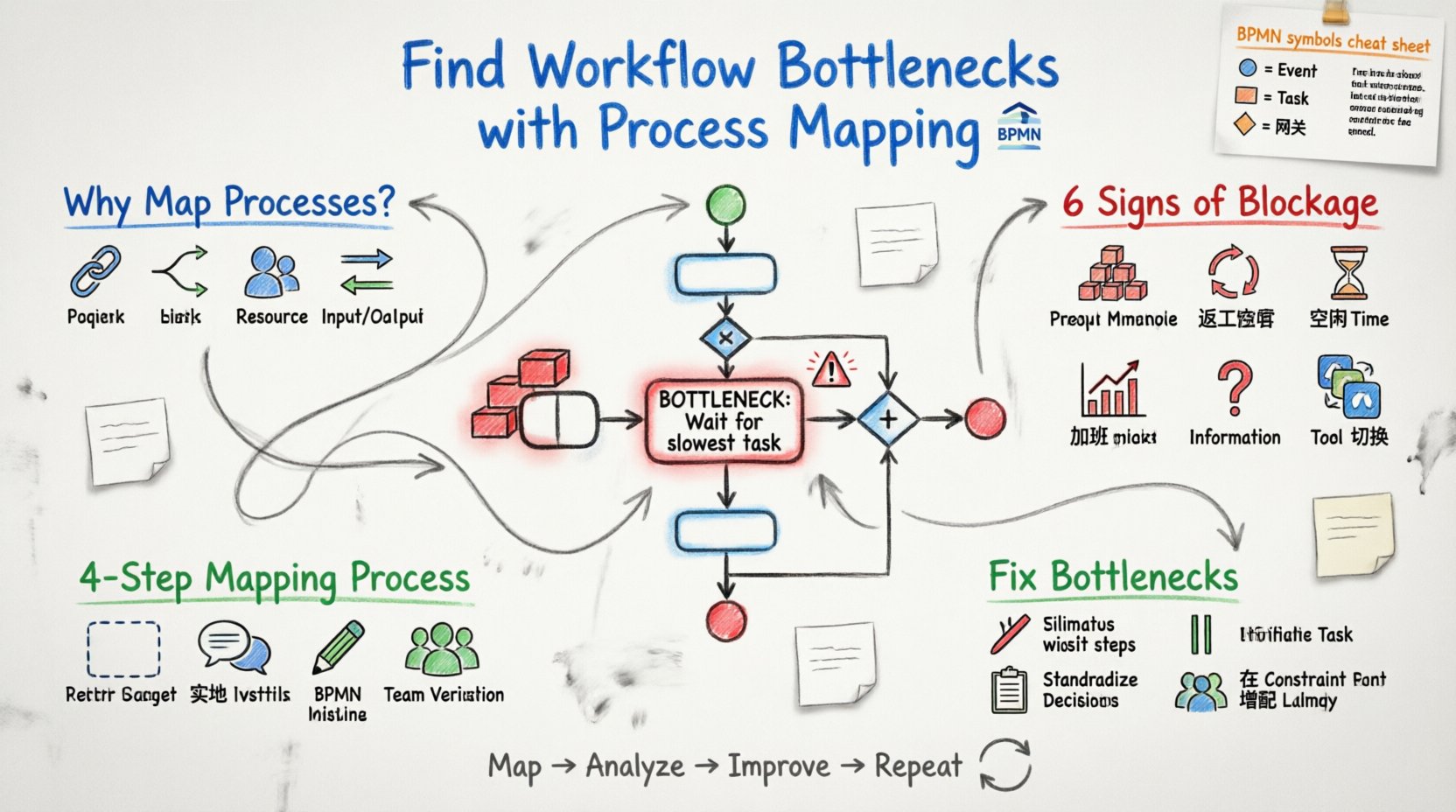 Hand-drawn whiteboard infographic illustrating how to identify workflow bottlenecks using BPMN process mapping: features color-coded BPMN symbols legend, six signs of workflow blockage, four-step mapping methodology, visual bottleneck analysis techniques, and remediation strategies with marker-style annotations for operational efficiency improvement