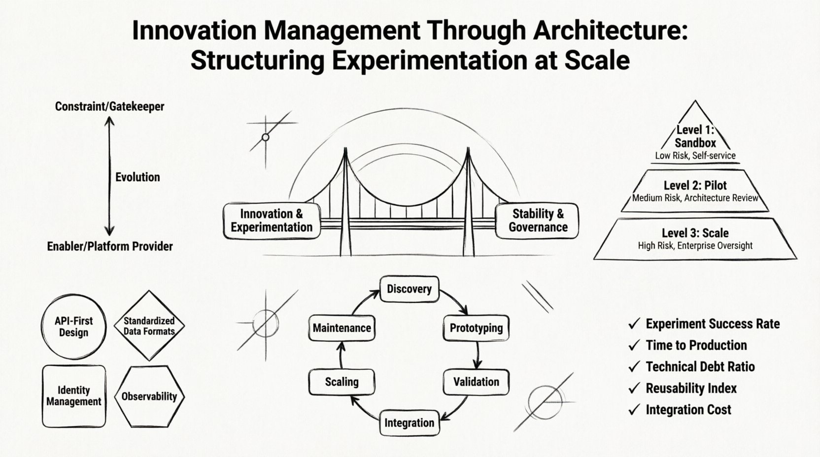 Line art infographic illustrating how enterprise architecture enables structured innovation at scale, featuring the evolution from constraint to enabler, three-tier governance model (Sandbox/Pilot/Scale), six-phase experiment lifecycle, four integration principles, and key metrics for balancing innovation velocity with operational stability