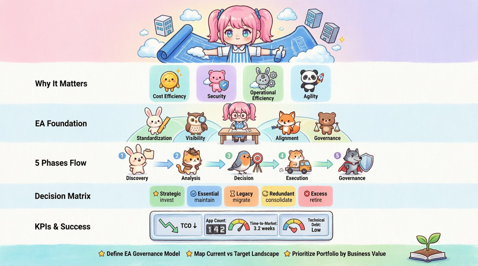 Chibi-style infographic illustrating IT Portfolio Rationalization through Enterprise Architecture: visualizes key drivers (cost efficiency, security, operational efficiency, agility), EA foundation pillars (standardization, visibility, alignment, governance), 5-phase rationalization lifecycle (discovery, analysis, decision-making, execution, continuous governance), decision matrix categories (strategic, essential, legacy, redundant, excess), and success KPIs (TCO reduction, application count, time-to-market) with cute kawaii characters for accessible enterprise technology guidance