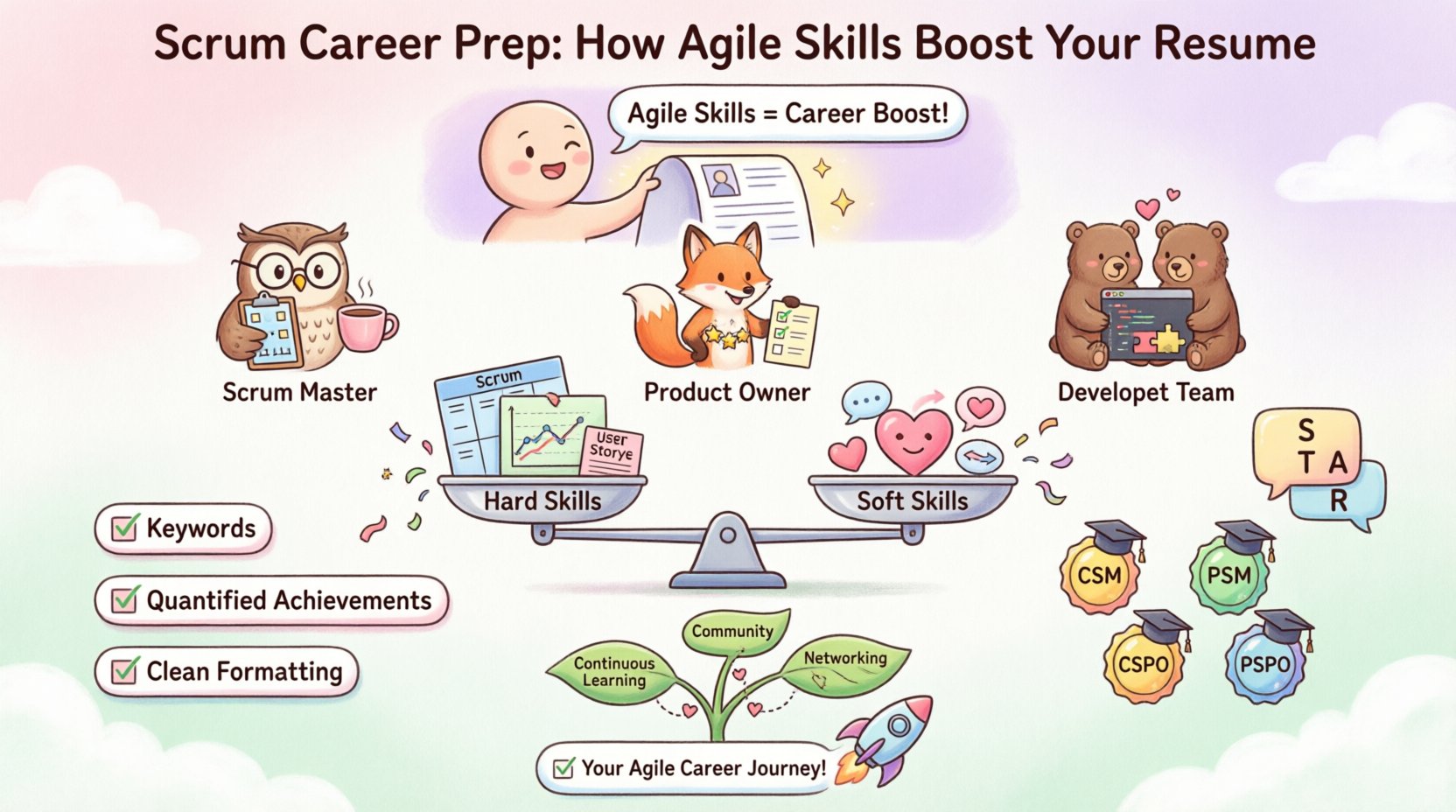Cute pastel vector infographic showing how Agile and Scrum skills boost your resume: features adorable character icons for Scrum Master, Product Owner, and Development Team roles; balanced hard/soft skills scale; certification badges (CSM, PSM, CSPO, PSPO); resume optimization tips with keywords and metrics; interview STAR method guide; and growth mindset elements for career advancement in tech