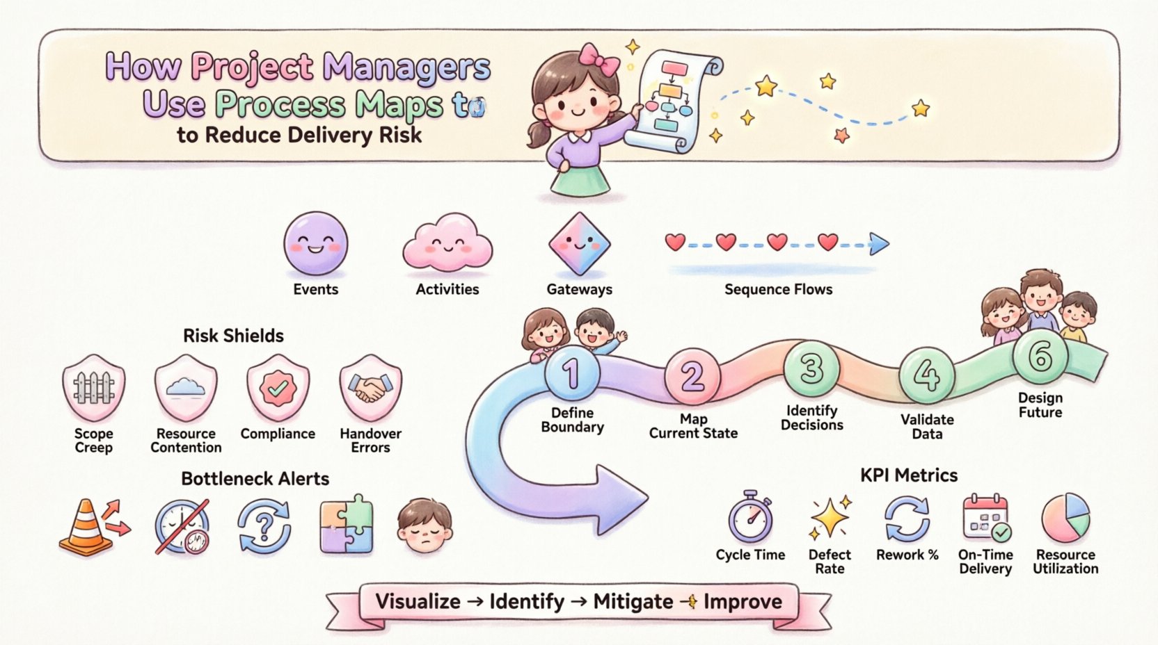 Kawaii-style infographic showing how project managers use BPMN process maps to reduce delivery risk, featuring cute vector icons for events, activities, gateways, risk mitigation strategies, bottleneck indicators, and KPI metrics in pastel colors with rounded shapes