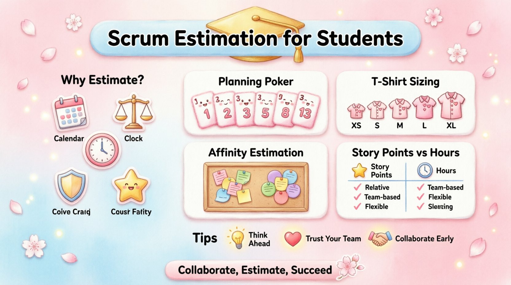 Kawaii-style infographic illustrating Scrum estimation techniques for student groups, featuring cute chibi characters collaborating, Planning Poker cards with Fibonacci numbers, T-Shirt sizing labels XS to XXL, Affinity Estimation with colorful sticky notes, and Story Points vs Hours comparison, designed with pastel colors and visual guides to help academic teams plan projects, balance workloads, and improve collaboration