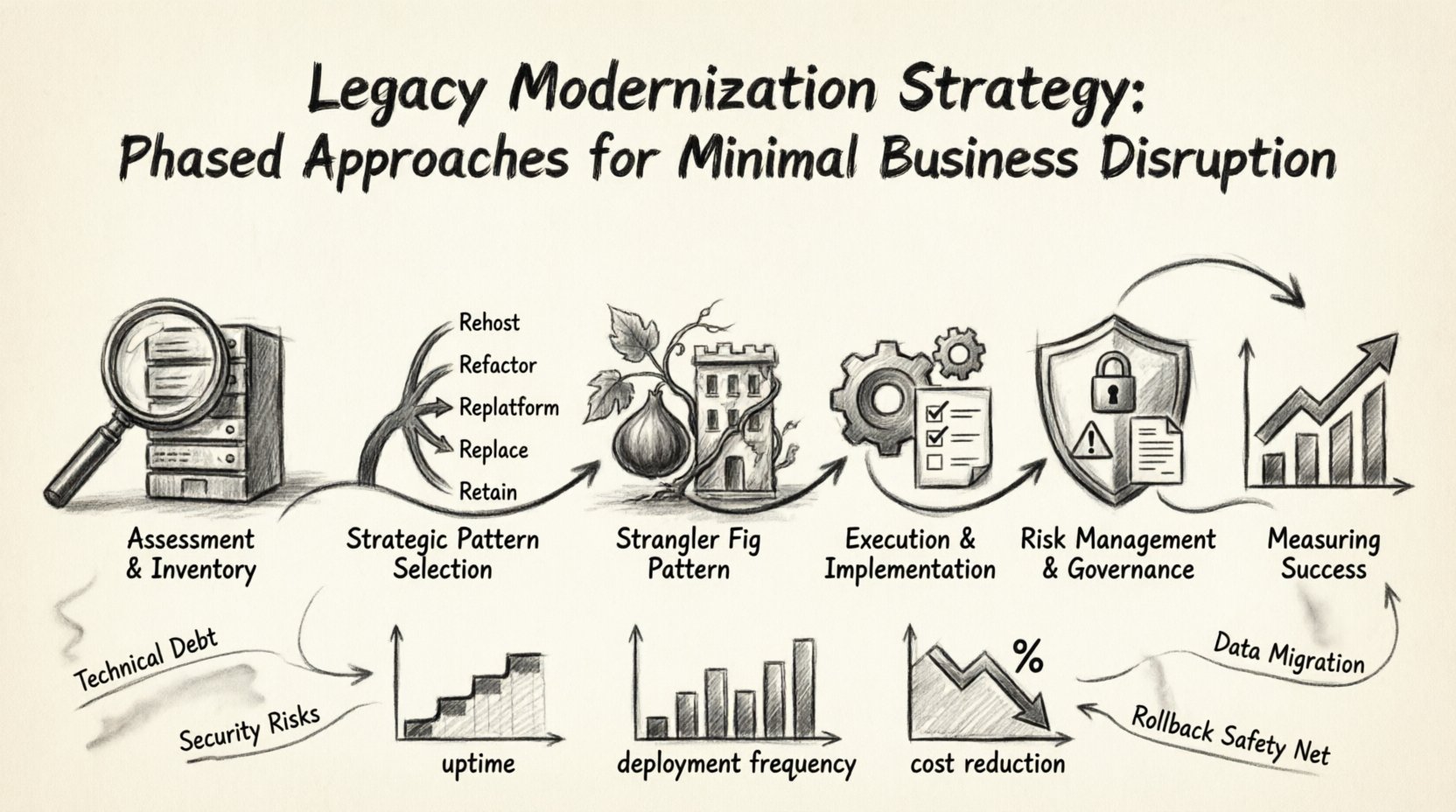 Charcoal sketch infographic illustrating a six-phase legacy modernization strategy: Assessment & Inventory, Strategic Pattern Selection (Rehost/Refactor/Replatform/Replace/Retain), Strangler Fig Pattern for gradual migration, Execution & Implementation workflow, Risk Management & Governance framework, and Measuring Success with KPIs. Hand-drawn contour style shows technical debt, security risks, data migration pathways, and rollback safety nets with arrows connecting phases in a 16:9 horizontal layout for enterprise architecture planning.