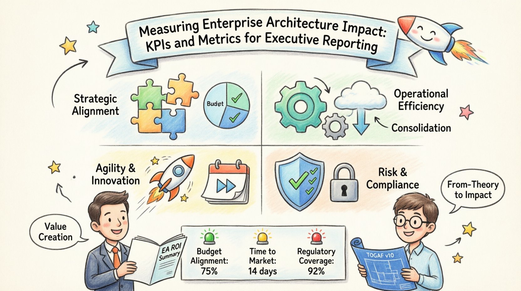 Whimsical infographic illustrating four key Enterprise Architecture KPI categories: Strategic Alignment (budget ratio, capability coverage), Operational Efficiency (system consolidation, technical debt), Agility & Innovation (time to market, deployment frequency), and Risk & Compliance (adherence rates, vulnerability remediation). Features playful visuals including rockets, shields, puzzle pieces, and a sample executive dashboard with color-coded status indicators for measuring EA value and supporting data-driven business decisions.