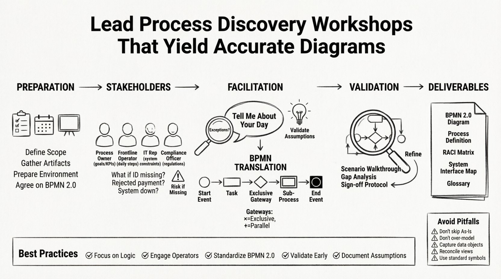 Line art infographic illustrating a 6-phase methodology for leading effective process discovery workshops: Preparation (scope, artifacts, environment), Stakeholder Identification (Process Owner, Frontline Operator, IT Rep, Compliance Officer), Facilitation Techniques (storytelling approach, exception probing, assumption validation), BPMN 2.0 Symbol Translation (start events, tasks, gateways, end events), Output Validation (scenario walkthroughs, gap analysis, sign-off), and Deliverables (BPMN diagram, process definition, RACI matrix, interface map, glossary). Includes best practices checklist and common pitfalls to avoid for creating accurate business process models.