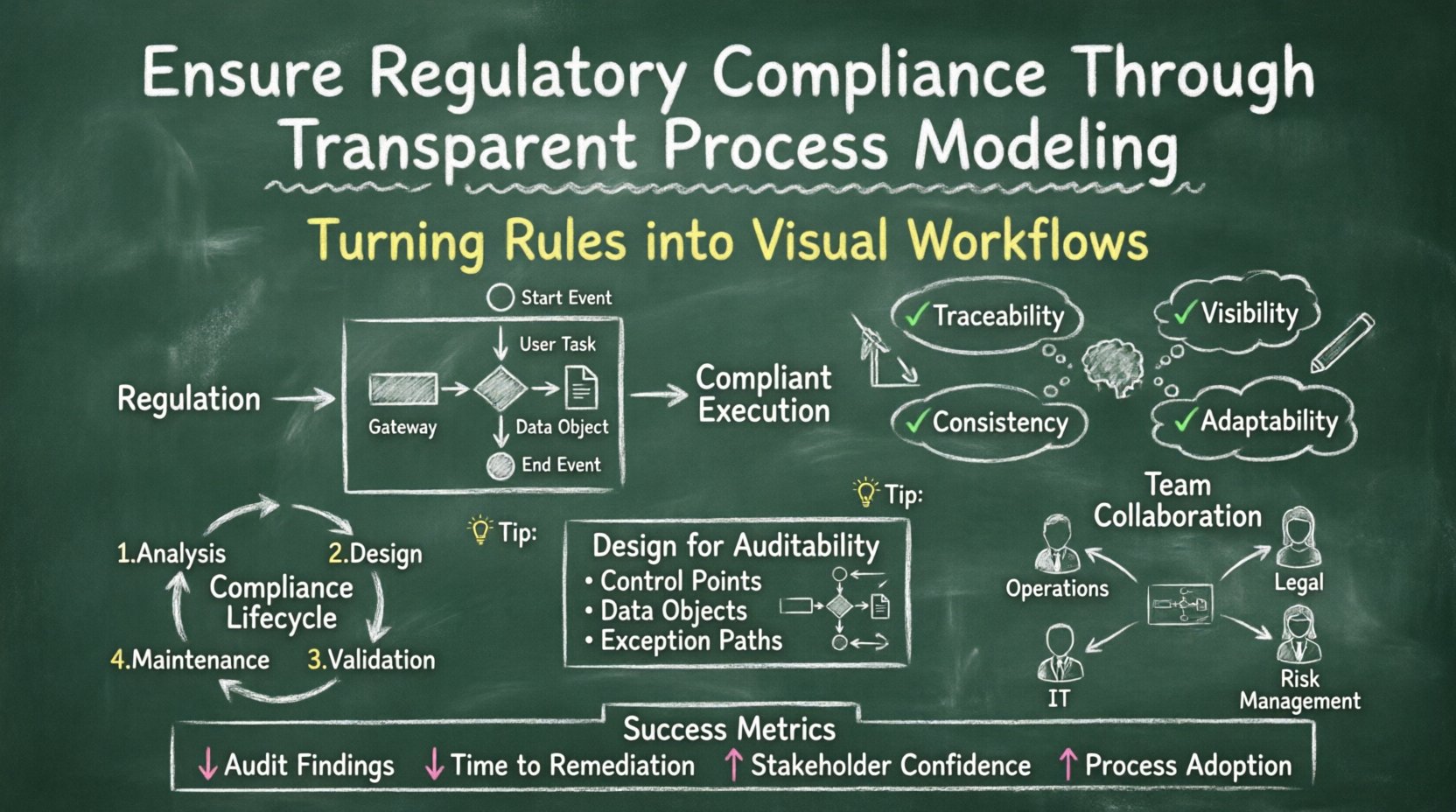 Chalkboard-style educational infographic illustrating regulatory compliance through transparent process modeling. Features hand-drawn BPMN notation symbols mapped to compliance controls, a four-phase lifecycle diagram (Analysis-Design-Validation-Maintenance), key benefits including traceability and visibility, auditability design principles, and cross-functional team collaboration. Presented in teacher-style handwritten chalk text on dark green background with clear visual hierarchy for easy understanding of how organizations align workflows with regulatory requirements.