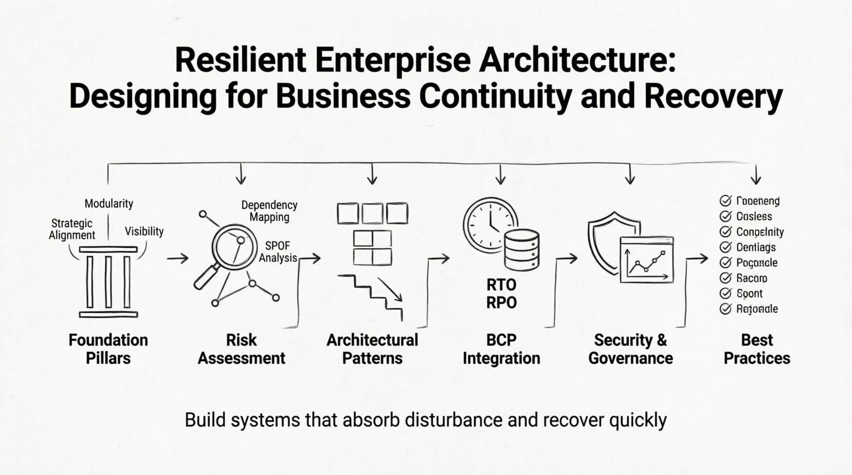 Line art infographic illustrating resilient enterprise architecture framework for business continuity and recovery, featuring six key components: foundation pillars (strategic alignment, modularity, visibility), risk assessment with dependency mapping and SPOF analysis, architectural patterns including decoupling and redundancy, business continuity planning with RTO/RPO metrics, security and governance controls, and a best practices checklist for building systems that absorb disruption and maintain operations