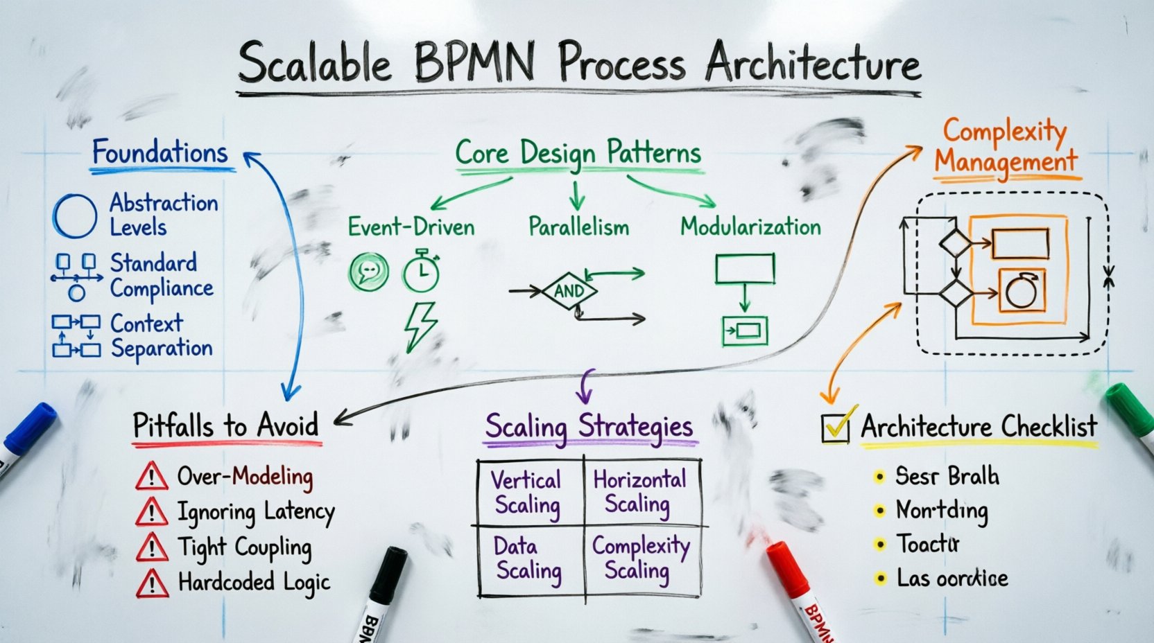 Hand-drawn whiteboard infographic illustrating scalable BPMN process architecture principles: foundations (abstraction levels, standard compliance, context separation), core design patterns (event-driven architectures with message/timer/error events, parallelism via AND gateways, modularization with call activities), complexity management using subprocesses and transaction boundaries, horizontal vs vertical scaling strategies, governance and versioning best practices, common pitfalls to avoid (over-modeling, tight coupling, hardcoded logic), and a 10-point architecture readiness checklist, all visualized with color-coded marker sections and authentic BPMN notation symbols including events, gateways, tasks, and message flows