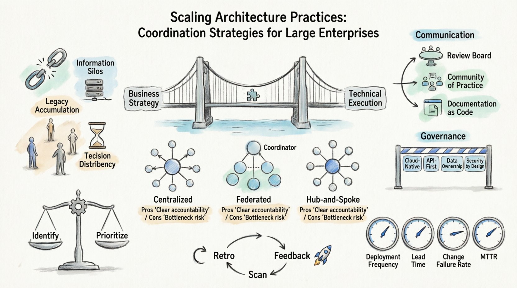 Hand-drawn infographic summarizing coordination strategies for scaling enterprise architecture: illustrates bridge between business strategy and technical execution, four key challenges (information silos, legacy accumulation, decision latency, talent distribution), three organizational models (centralized, federated, hub-and-spoke) with pros/cons comparison table, communication protocols (review boards, communities of practice, documentation as code), governance guardrails with architectural principles, technical debt management cycle, success metrics dashboard (deployment frequency, lead time, failure rate, MTTR), and continuous improvement loop for large enterprises.