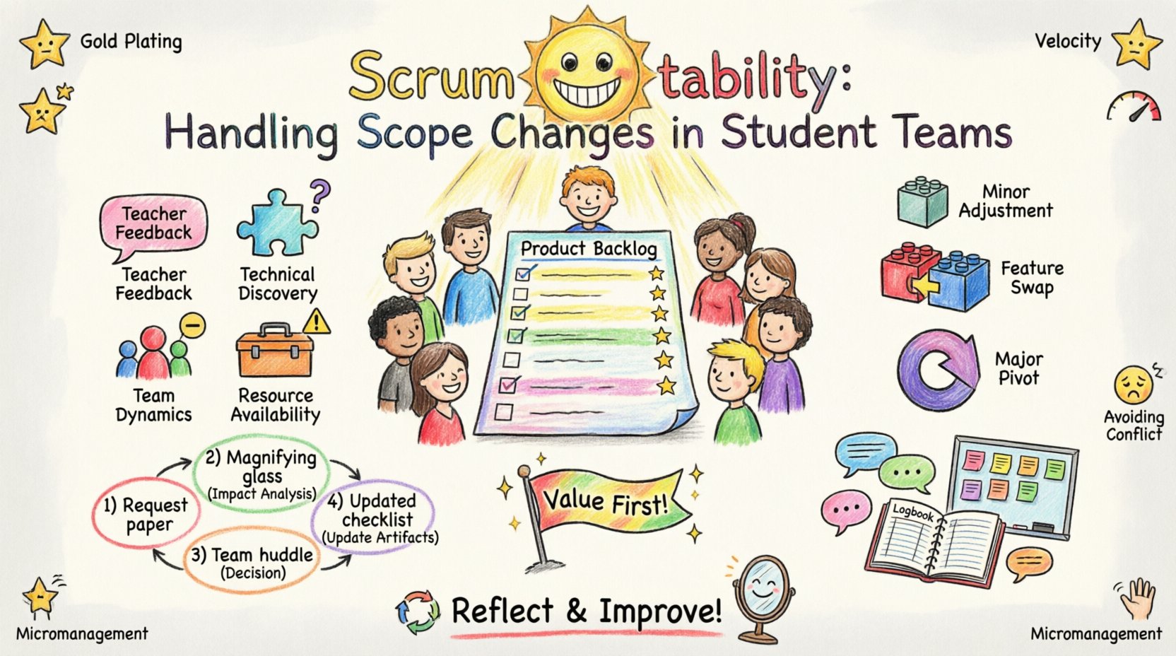 Child-style crayon drawing infographic illustrating how student teams use Scrum framework to manage scope changes in academic projects, featuring playful visuals of product backlog prioritization, sprint goals, four-step change protocol, communication strategies, common pitfalls, and retrospective reflection for agile learning