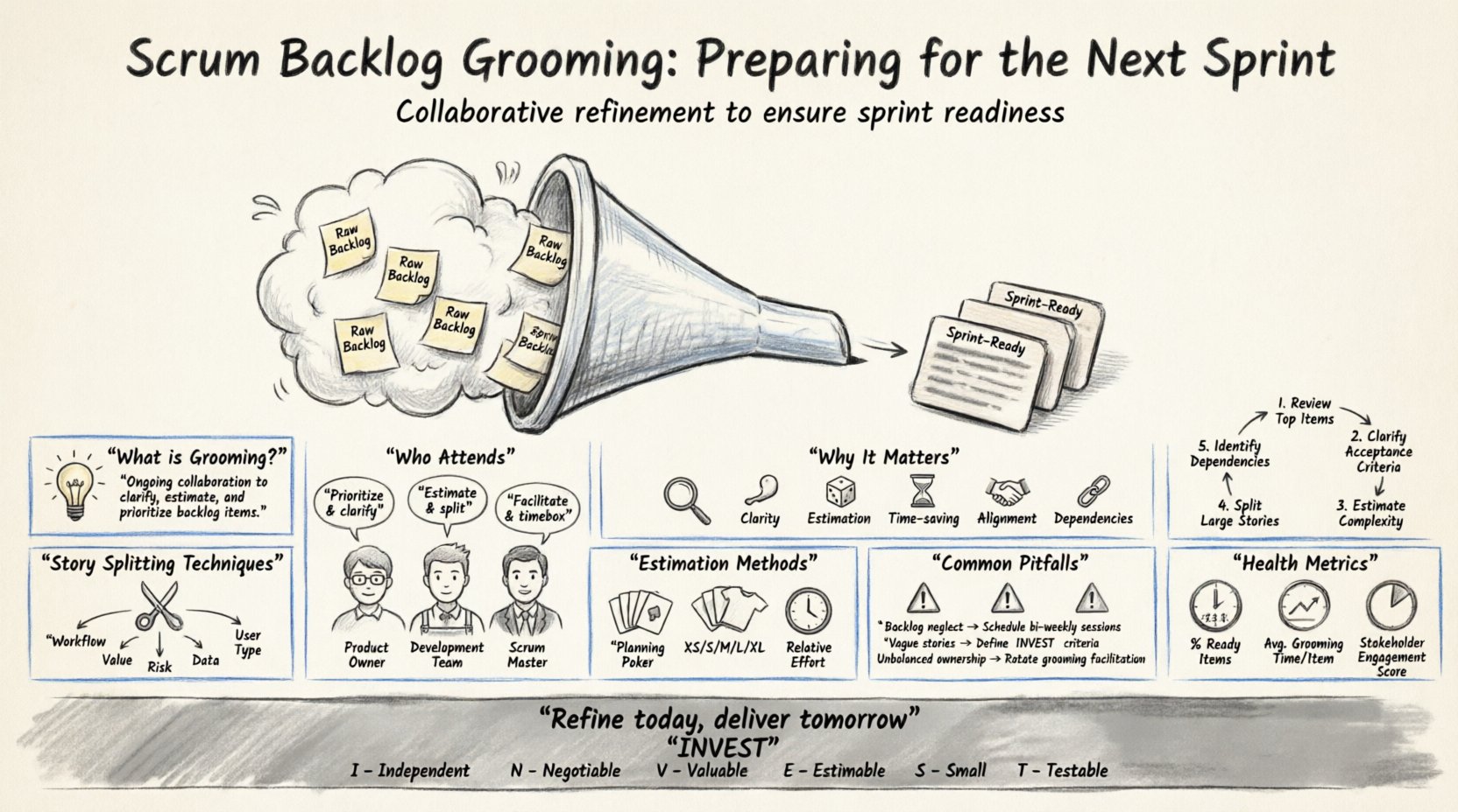 Sketch-style infographic illustrating Scrum Backlog Grooming process: shows transformation of raw product backlog into sprint-ready items through refinement workflow, including key roles (Product Owner, Development Team, Scrum Master), 5-step grooming process, story splitting techniques, estimation methods like Planning Poker, dependency management strategies, common pitfalls to avoid, and health metrics for Agile teams preparing for successful sprint planning