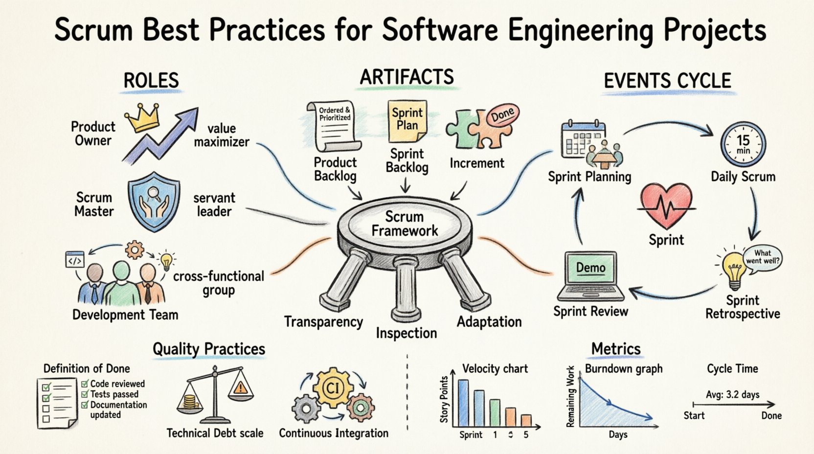 Hand-drawn infographic illustrating Scrum best practices for software engineering projects: features the three pillars (Transparency, Inspection, Adaptation), three core roles (Product Owner, Scrum Master, Development Team), three artifacts (Product Backlog, Sprint Backlog, Increment), five Scrum events in a cyclical flow (Sprint, Planning, Daily Scrum, Review, Retrospective), plus quality practices like Definition of Done and Continuous Integration, and key metrics including Velocity and Burndown charts—all rendered in a sketch-style aesthetic with thick outlines for intuitive agile team reference