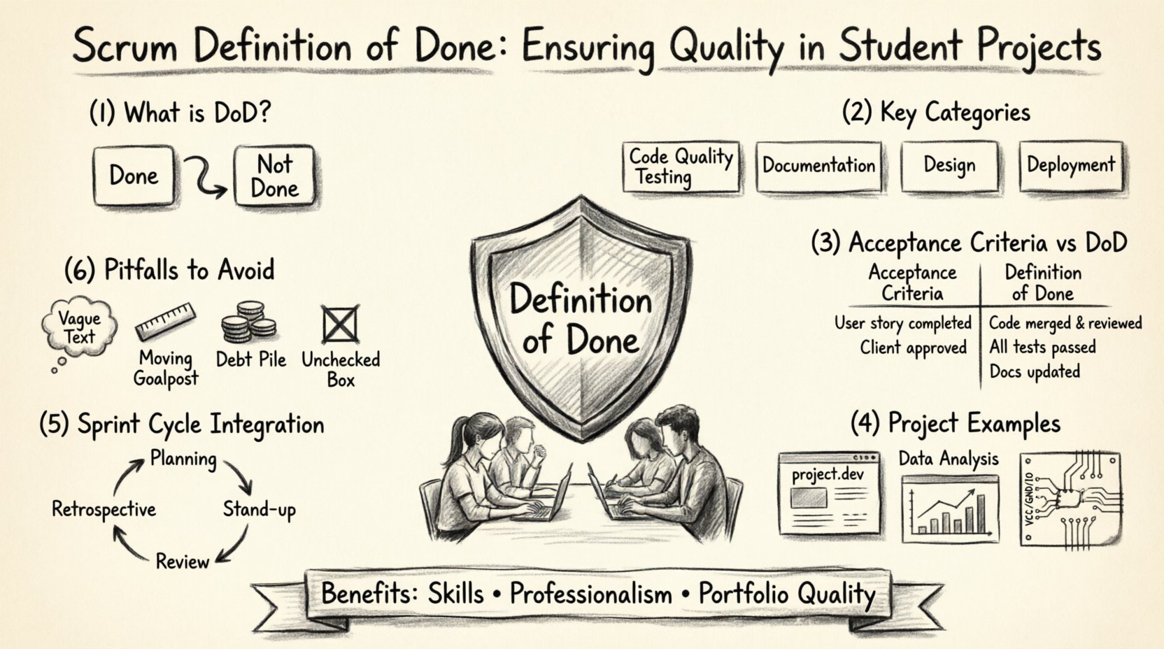 Charcoal sketch infographic illustrating the Scrum Definition of Done for student projects: central checklist shield labeled 'Definition of Done' protecting a student development team; sections showing DoD meaning (binary Done/Not Done state), five quality categories (Code Quality, Testing, Documentation, Design, Deployment), Acceptance Criteria vs DoD comparison table, project-type examples (web app, data science, hardware), sprint cycle integration flow (Planning→Stand-up→Review→Retrospective), common pitfalls (vagueness, moving goalposts, technical debt, lack of enforcement), and learning benefits (skill acquisition, professionalism, portfolio quality); hand-drawn contour style with cross-hatching texture, monochrome academic sketchbook aesthetic, 16:9 landscape layout