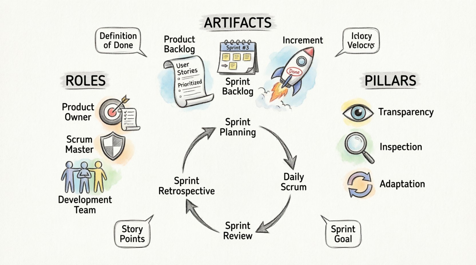 Hand-drawn sketch infographic illustrating Scrum framework components including roles (Product Owner, Scrum Master, Development Team), artifacts (Product Backlog, Sprint Backlog, Increment), and events (Sprint Planning, Daily Scrum, Sprint Review, Retrospective) arranged in a cyclical workflow diagram with key Agile concepts like Definition of Done, Story Points, and Velocity labeled in English
