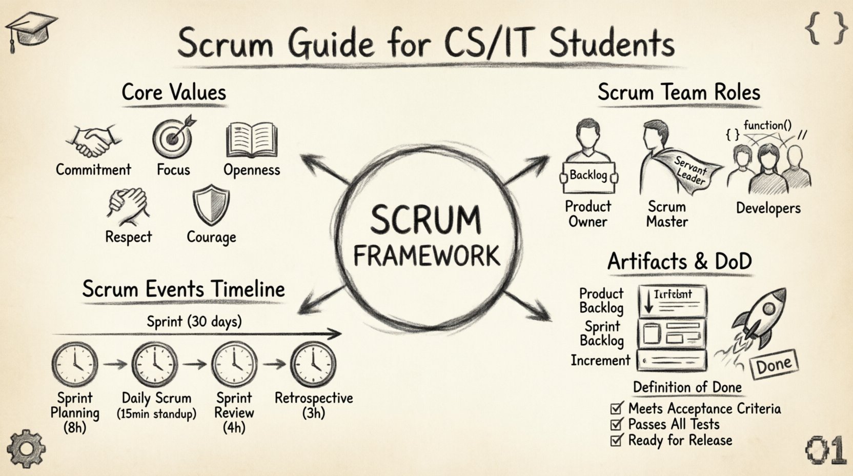 Charcoal sketch infographic illustrating the Scrum Guide framework for Computer Science and IT students, featuring five core values (Commitment, Focus, Openness, Respect, Courage), three Scrum Team roles (Product Owner, Scrum Master, Developers), five timeboxed events (Sprint, Sprint Planning, Daily Scrum, Sprint Review, Retrospective) with durations, and three artifacts (Product Backlog, Sprint Backlog, Increment) with Definition of Done checklist, all rendered in hand-drawn contour style on textured paper background