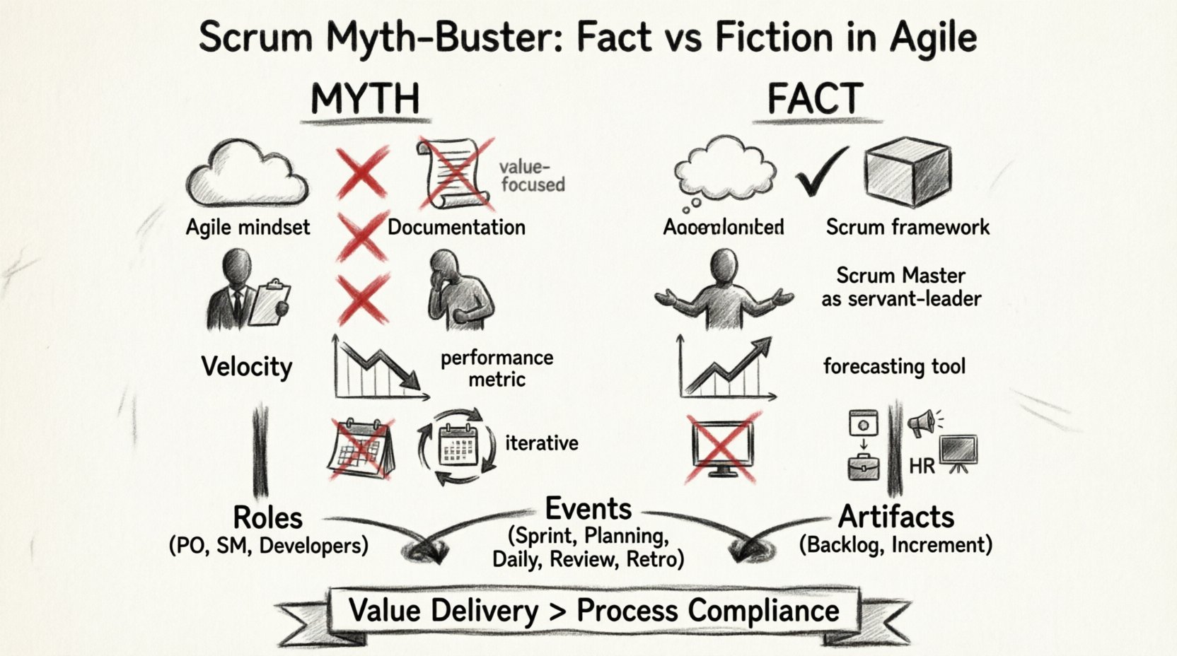 Charcoal sketch infographic debunking six common Scrum myths: Scrum vs Agile distinction, documentation value, Scrum Master as servant-leader, velocity for forecasting not performance, iterative planning importance, and universal applicability beyond software. Features framework pillars (Roles: Product Owner, Scrum Master, Developers; Events: Sprint, Planning, Daily Scrum, Review, Retrospective; Artifacts: Product Backlog, Sprint Backlog, Increment), empiricism and lean thinking principles, and key takeaway: value delivery over process compliance. Hand-drawn contour style with myth/fact visual comparisons, split-panel design, and professional infographic hierarchy.