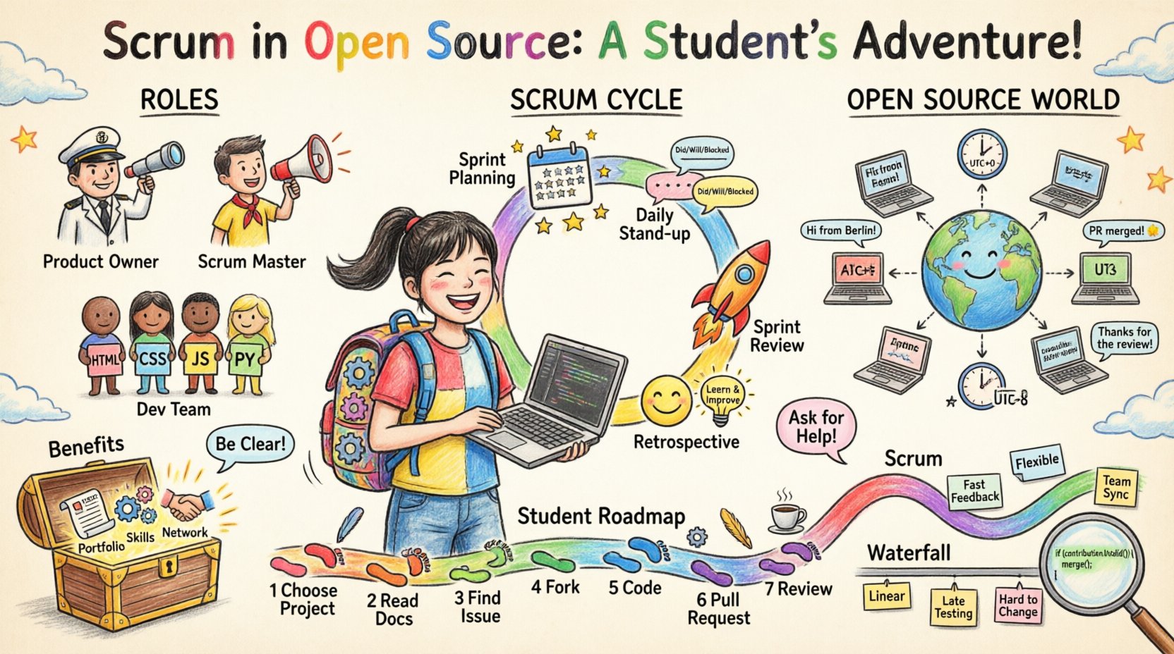 Child's drawing style infographic illustrating how engineering students can apply Scrum methodology to open source projects, featuring playful illustrations of Scrum roles (Product Owner, Scrum Master, Dev Team), iterative sprint cycles, global async collaboration, student benefits like portfolio building and skill development, and a step-by-step roadmap for making first contributions