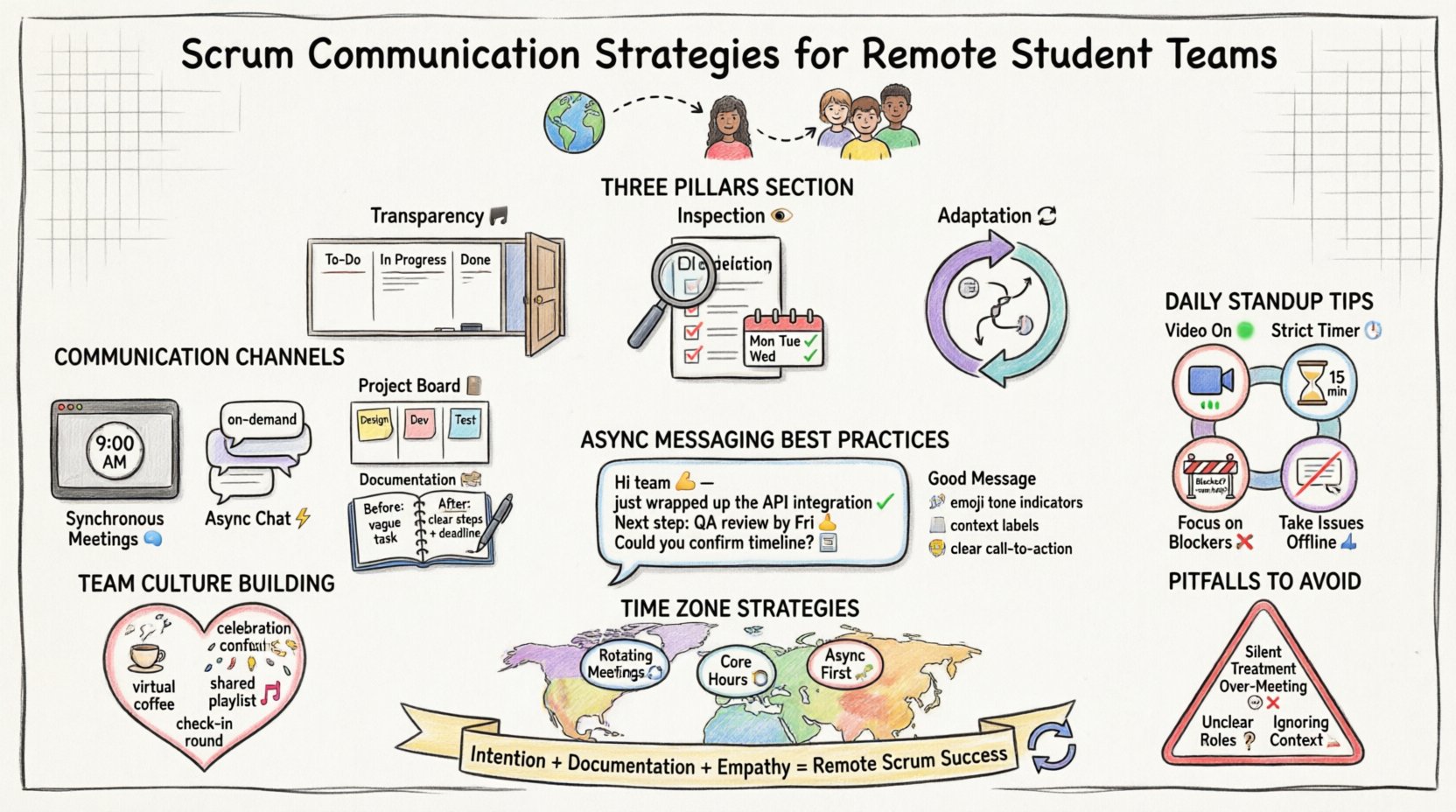 Marker-style infographic showing Scrum communication strategies for remote student teams: three core pillars (transparency, inspection, adaptation), communication channels matrix, daily standup best practices, async messaging guidelines, time zone management tactics, team culture builders, and pitfalls to avoid, designed for academic agile collaboration