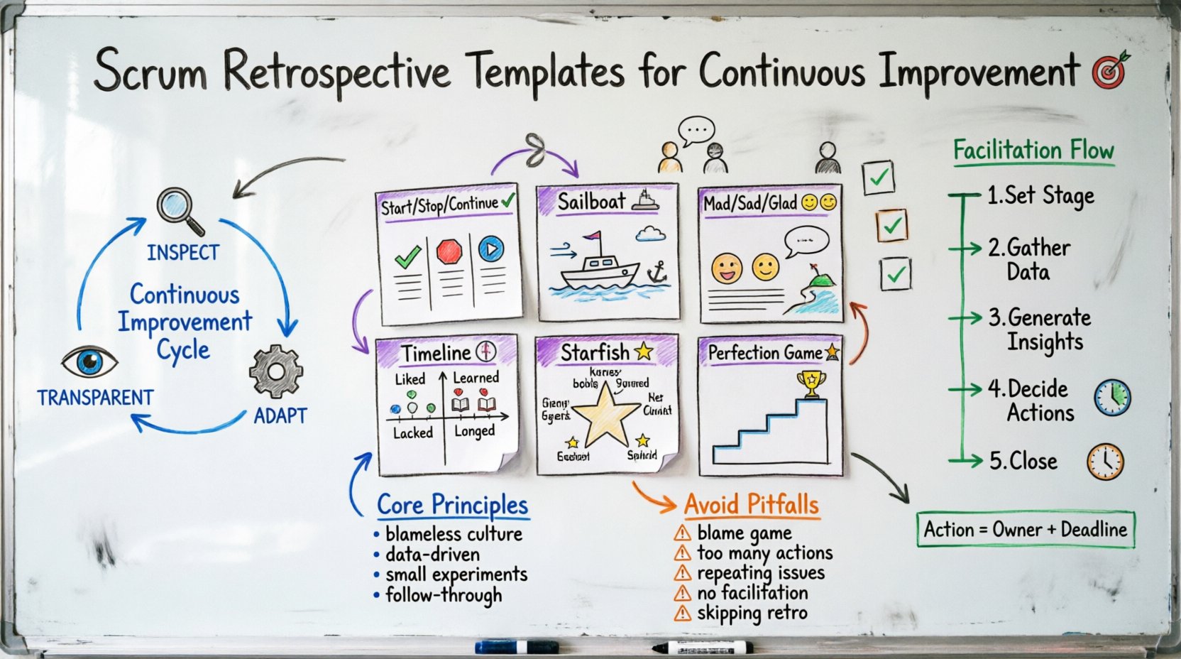 Hand-drawn whiteboard infographic illustrating 7 Scrum retrospective templates (Start-Stop-Continue, Mad-Sad-Glad, Sailboat, 4L, Timeline, Starfish, Perfection Game) for agile team continuous improvement, with facilitation steps, core principles, and common pitfalls visualized using color-coded marker sketches
