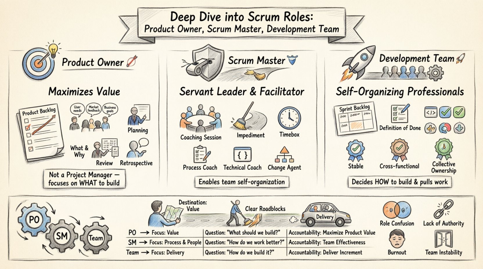 Sketch-style infographic explaining the three core Scrum roles: Product Owner (maximizes value, manages backlog, answers 'what to build'), Scrum Master (servant leader, removes impediments, facilitates events), and Development Team (self-organizing, delivers increments, answers 'how to build'). Includes role comparison table, sprint event interactions, collaboration dynamics metaphor, and common implementation pitfalls. Hand-drawn educational visual guide for Agile teams.