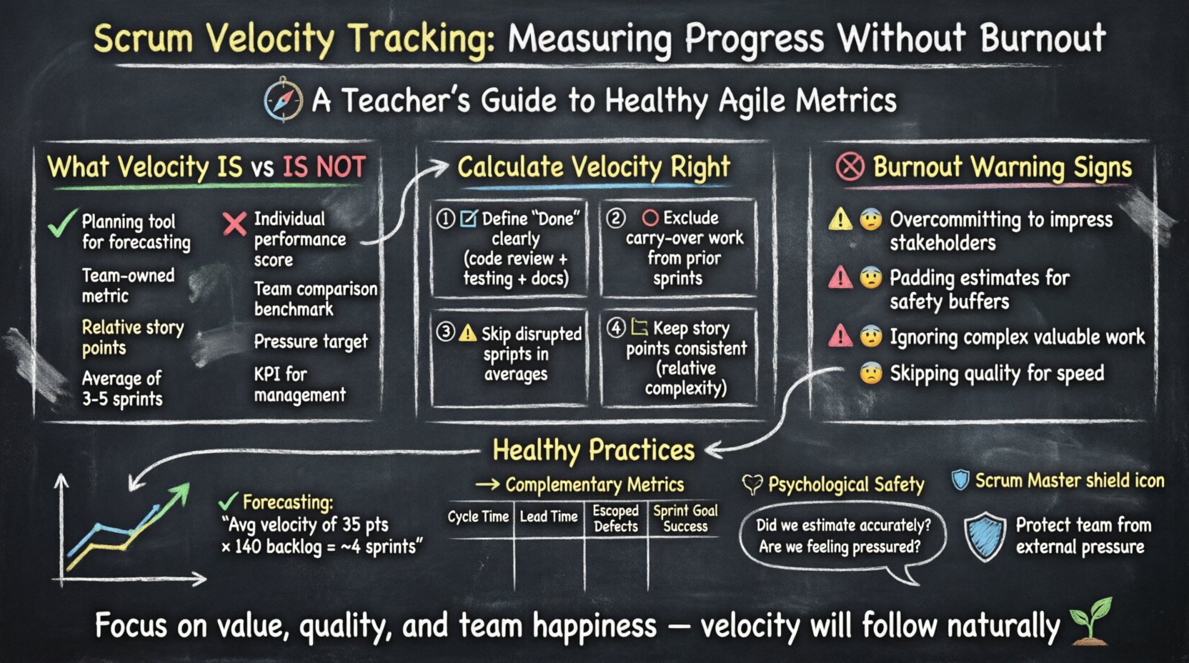 Chalkboard-style infographic explaining Scrum velocity tracking best practices: velocity defined as a team planning tool not a performance metric, four steps for accurate calculation, warning signs of burnout-causing misuse, forecasting with average velocity over 3-5 sprints, complementary metrics like cycle time and lead time, and psychological safety practices for sustainable Agile team pace