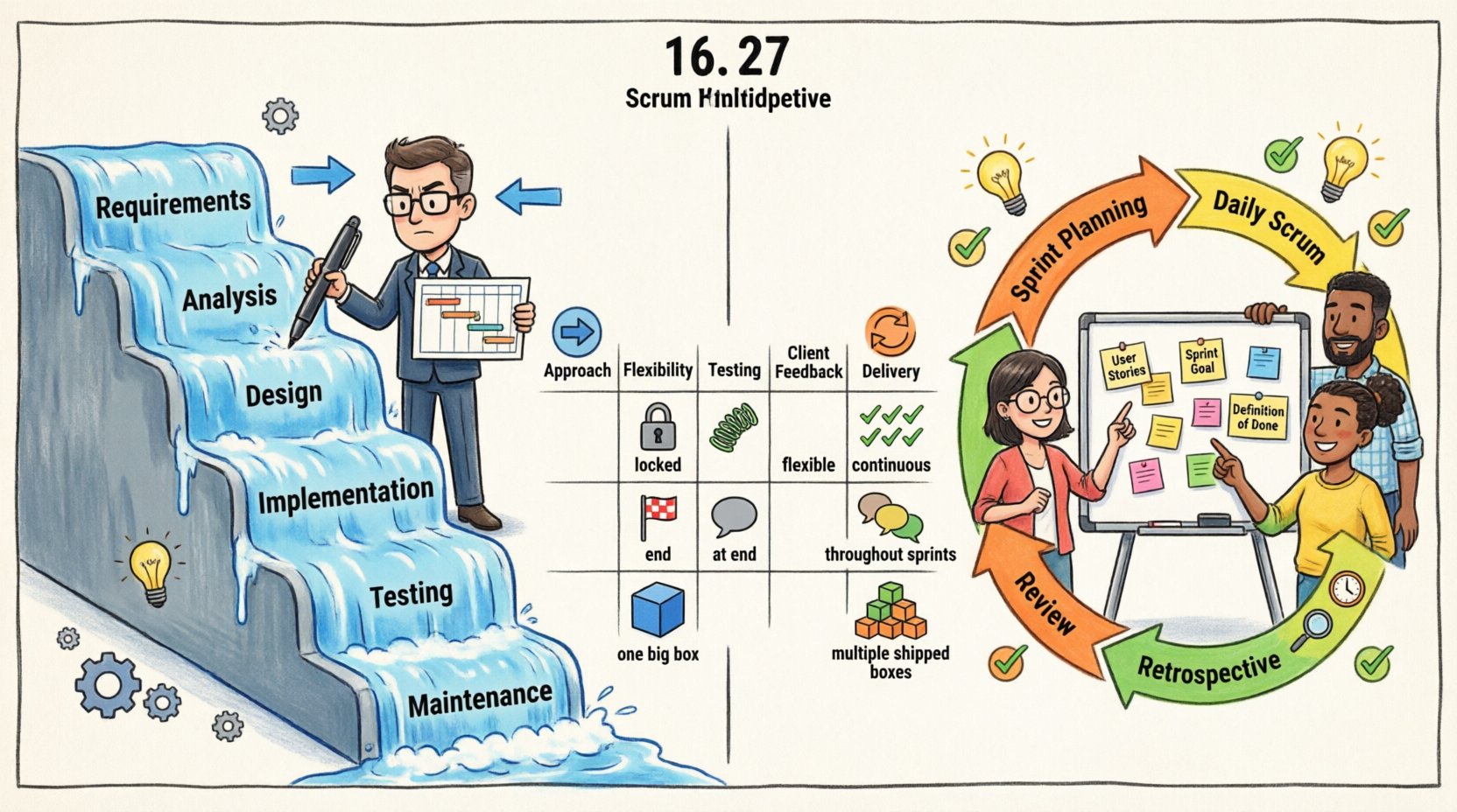 Cartoon infographic comparing Scrum and Waterfall project management methodologies: Waterfall's linear sequential phases (Requirements, Analysis, Design, Implementation, Testing, Maintenance) versus Scrum's iterative sprint cycles with team collaboration, highlighting key differences in flexibility, testing approach, client feedback frequency, documentation style, risk management, and delivery cadence for beginner project managers