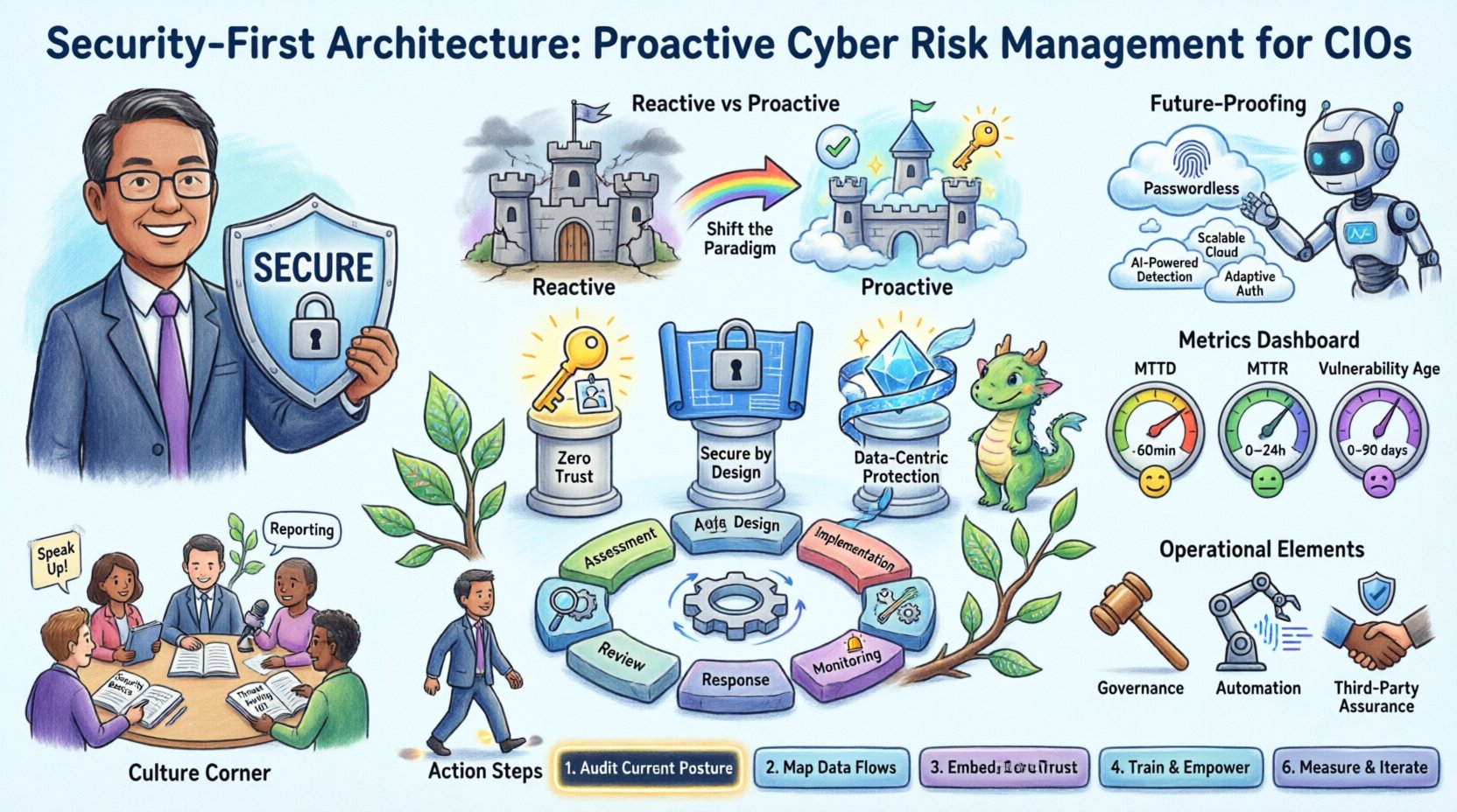 Whimsical infographic illustrating security-first architecture for CIOs: proactive cyber risk management framework featuring zero trust principles, secure-by-design pillars, data-centric protection, six-phase strategic cycle (assessment to review), operational automation, security culture building, key metrics like MTTD and MTTR, and actionable steps for enterprise resilience against modern threats