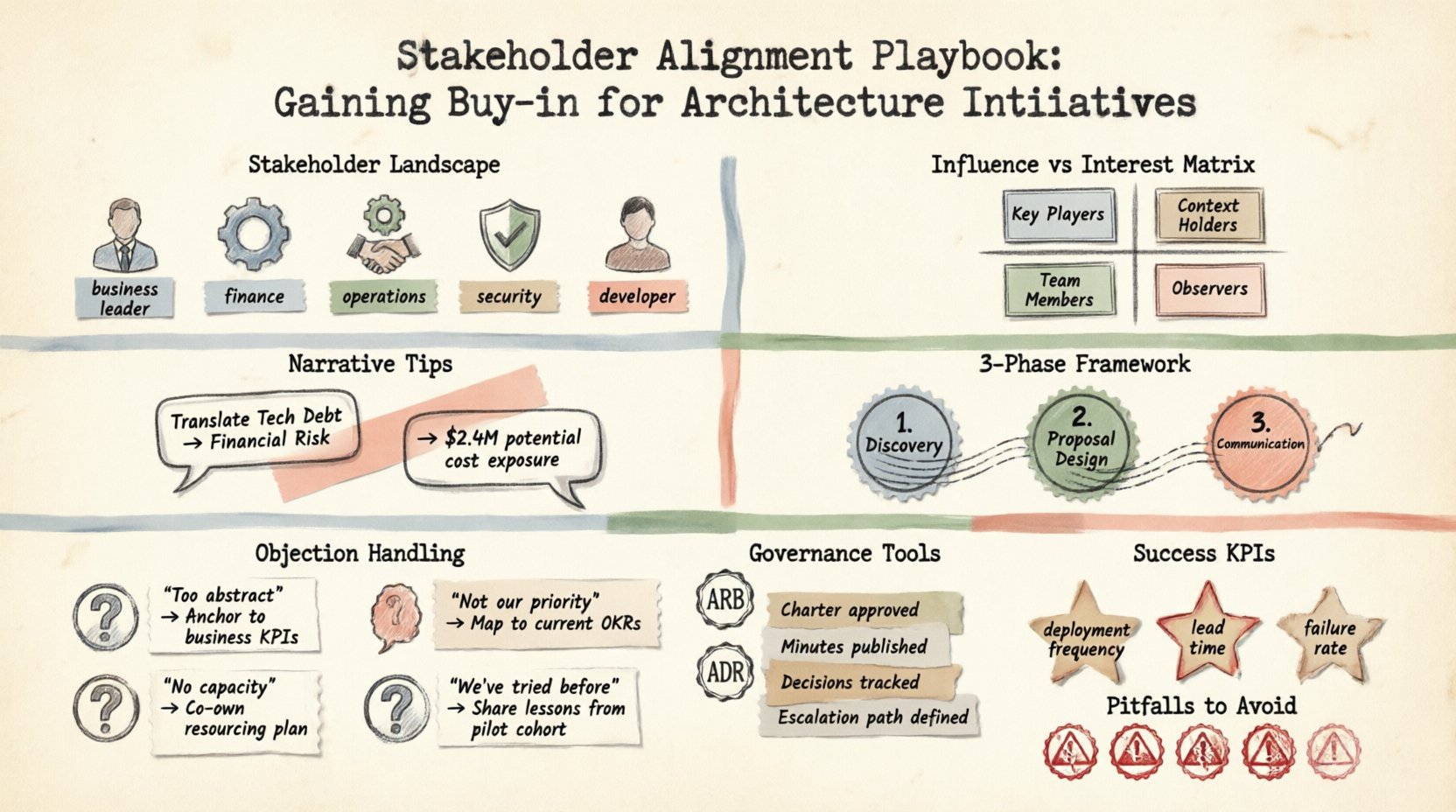 Stakeholder Alignment Playbook infographic in stamp and washi tape style: visual guide for gaining buy-in on architecture initiatives, covering stakeholder mapping, influence-interest matrix, narrative translation techniques, 3-phase alignment framework, objection handling strategies, governance structures, success KPIs, and common pitfalls to avoid for enterprise architects