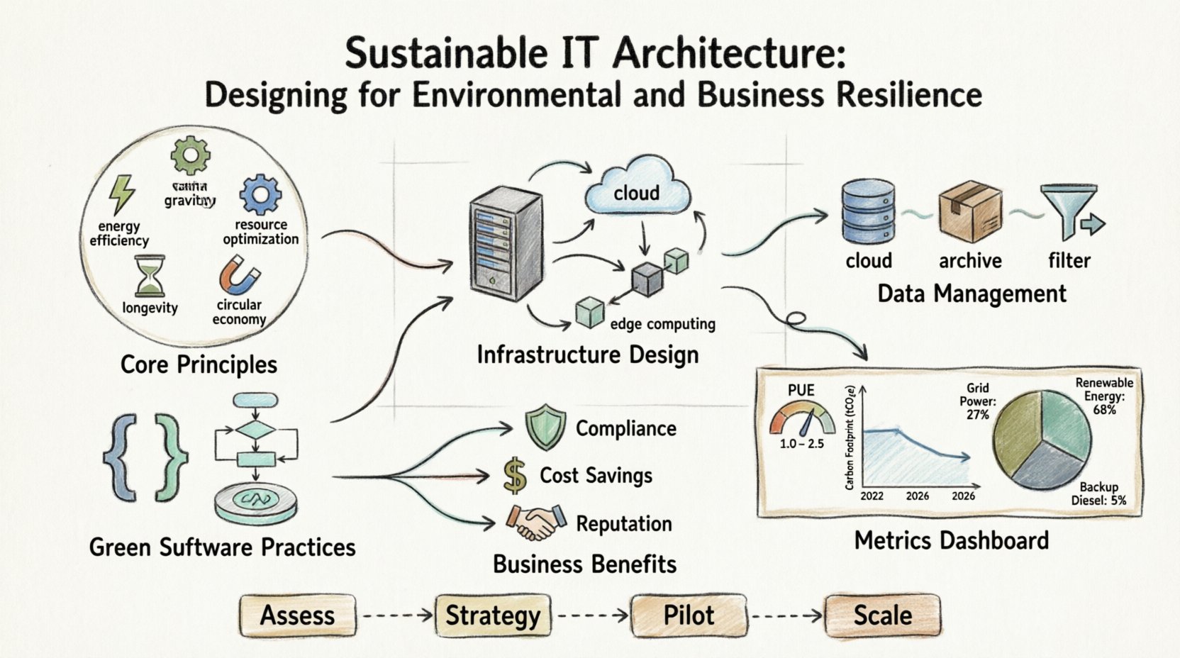 Hand-drawn infographic summarizing Sustainable IT Architecture: core principles (energy efficiency, resource optimization, longevity, data gravity, circular economy), strategic infrastructure design, data management strategies, green software practices, key sustainability metrics (PUE, CUE, energy per transaction), business resilience benefits, and implementation roadmap for environmental and operational resilience