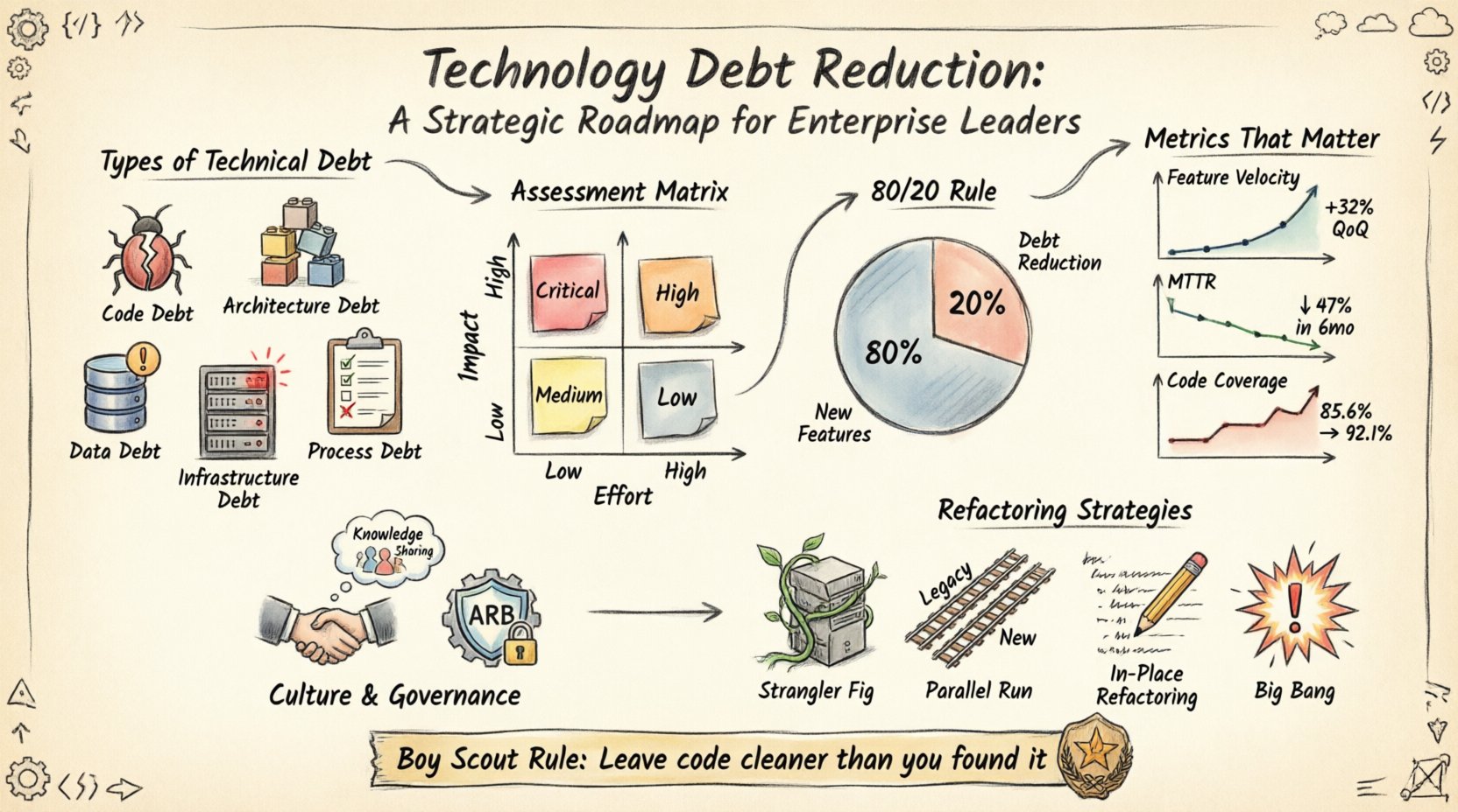 Hand-drawn infographic illustrating a strategic roadmap for enterprise technology debt reduction, covering five debt types (code, architecture, data, infrastructure, process), assessment matrix with priority levels, 80/20 delivery rule, refactoring strategies including Strangler Fig pattern, governance practices, and key metrics for measuring ROI and business impact